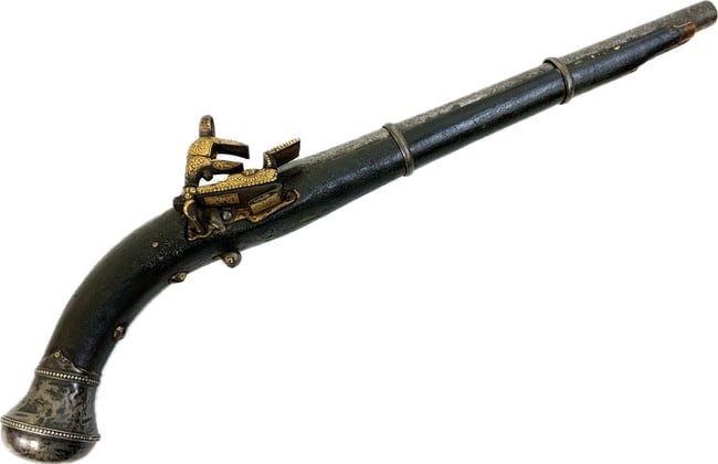 ANTIQUE RUSSIAN CAUCASIAN DAMASCUS MIQUELET PISTOL GOLD SILVER DECORATED (1 of 13)