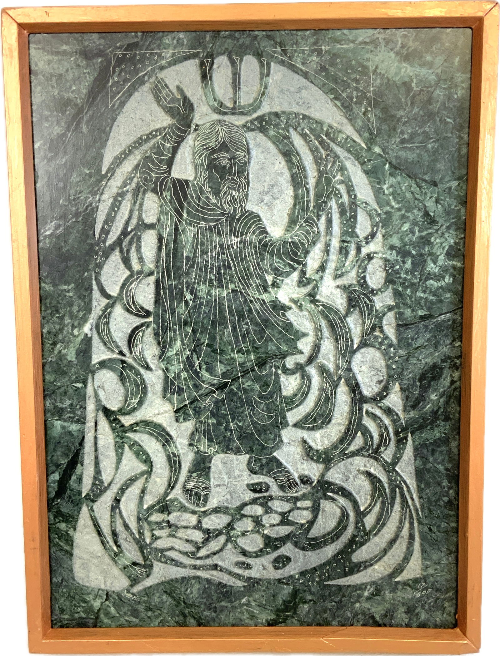 MOSES PARTING THE RED SEA ENGRAVING ON MARBLE PANEL: MOSES PARTING THE RED SEA ENGRAVING ON MARBLE PANEL.IN ANTIQUE GILT WOOD FRAME. 15 1/2" X 11 1/2" SIZE.CIRCA 1930. EX. TURIN COLLECTION, ITALY. FROM DR. PAUL D LYNN COLLECTION.