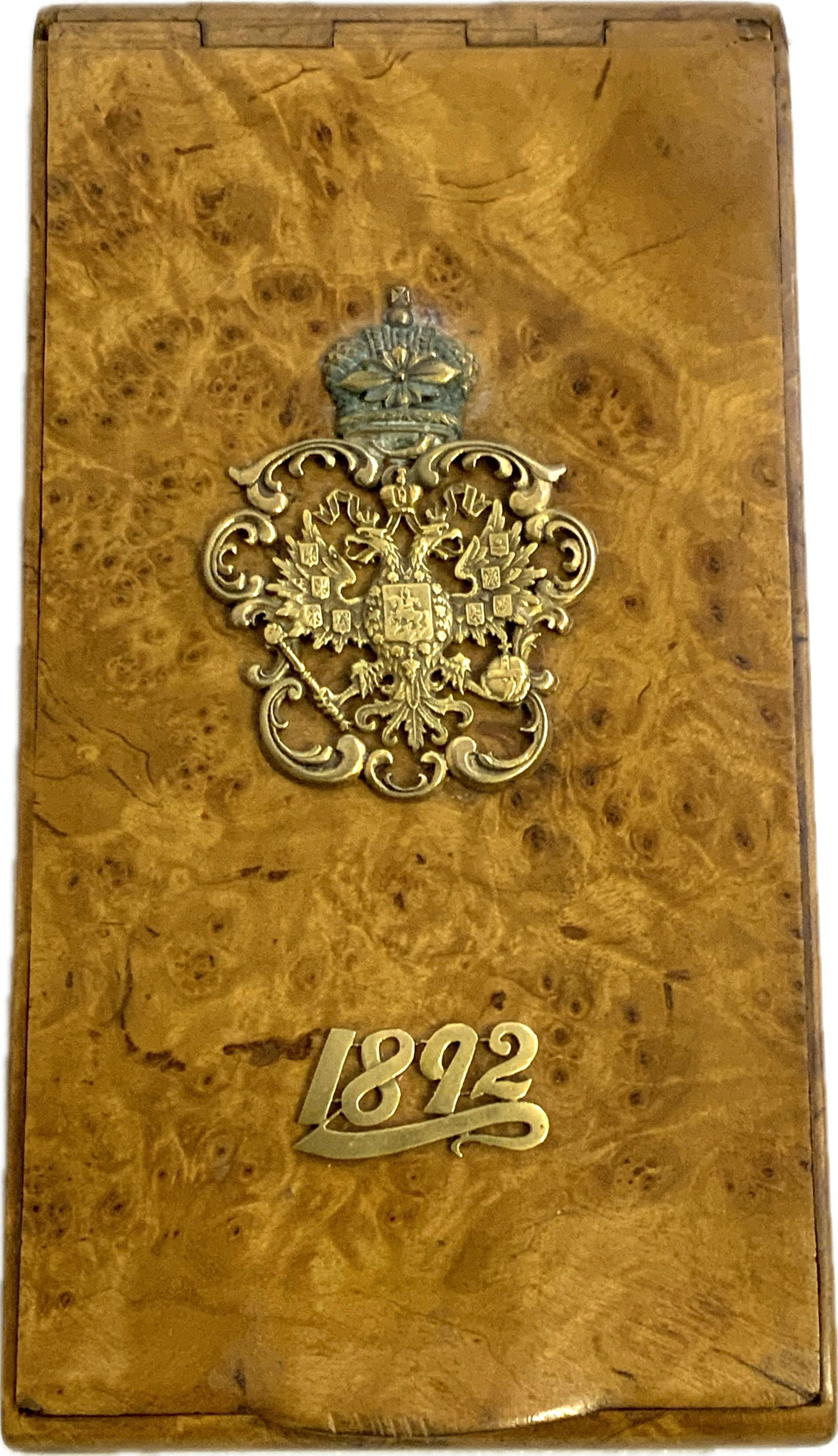 ANTIQUE IMPERIAL RUSSIAN KARELIAN BIRCH CIGARETTE CASE DECORATED WITH IMPERIAL CREST: ANTIQUE IMPERIAL RUSSIAN KARELIAN BIRCH CIGARETTE CASE DECORATED WITH IMPERIAL CREST AND DATE 1892 IN GOLD. BEAUTIFUL HIGH QUALITY PIECE.3 1/2 X 6 1/2 SIZE .