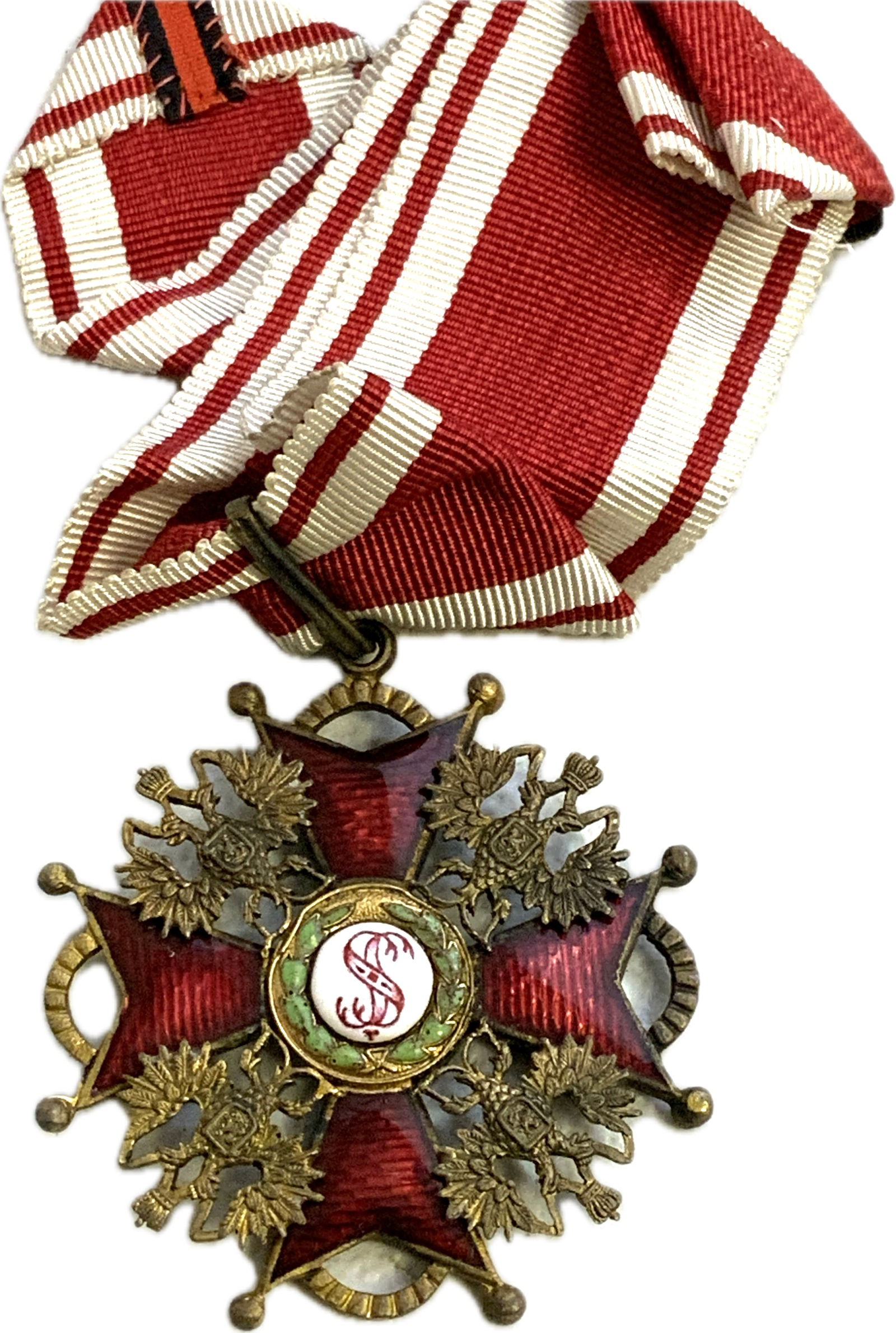 IMPERIAL RUSSIA ORDER OF ST. STANISLAUS 2nd CLASS ON THE NECK RIBBON: IMPERIAL RUSSIA ORDER OF ST. STANISLAUS 2nd CLASS ON THE NECK RIBBON. VERY FINE CONDITION. GILDED BRASS , ENAMELS.