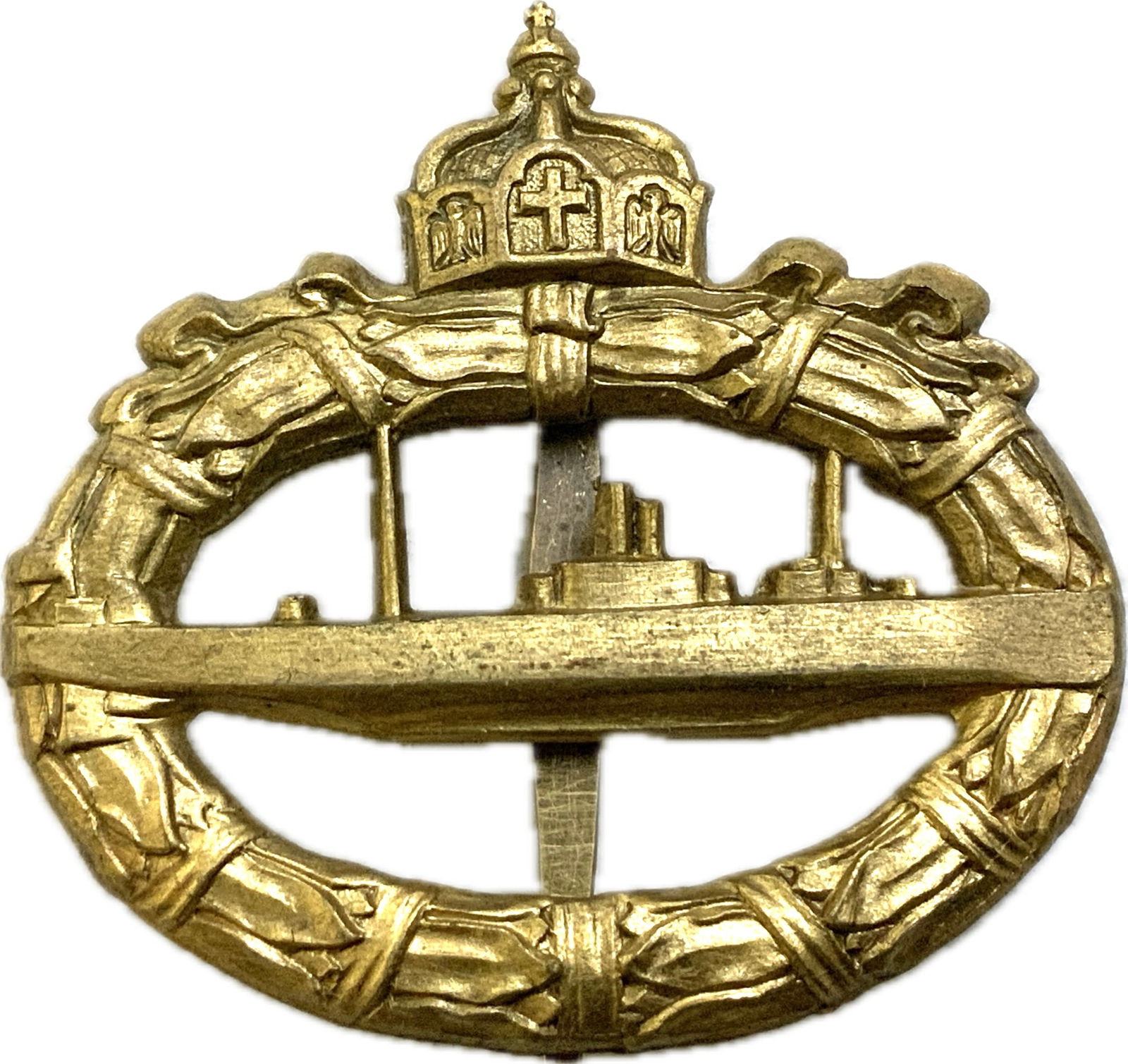 GERMANY WWI NAVY U BOAT BADGE: GERMANY WWI NAVY U BOAT BADGE . GILDED BRASS . HOLLOW BACK VERSION.
