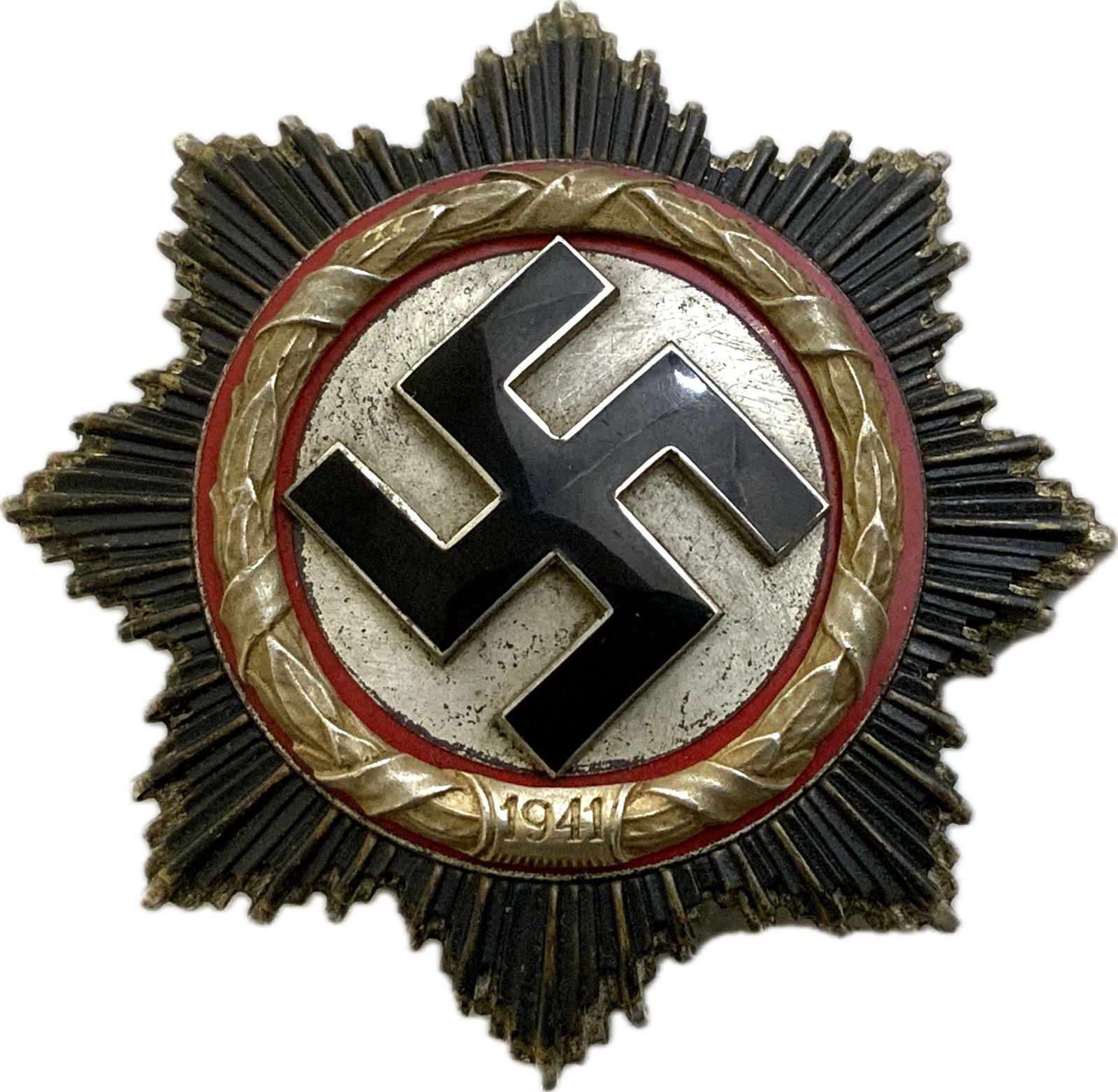 WWII GERMAN 1941 GERMAN CROSS IN GOLD: GERMANY THIRD REICH WWII 1941 GERMAN CROSS IN GOLD. VERY NICE ENAMEL AND GOOD CONDITION OVERALL. SOME WEAR AND AGE DARKENING.5 RIVET CONSTRUCTION. MARKED 2 ON THE PIN..