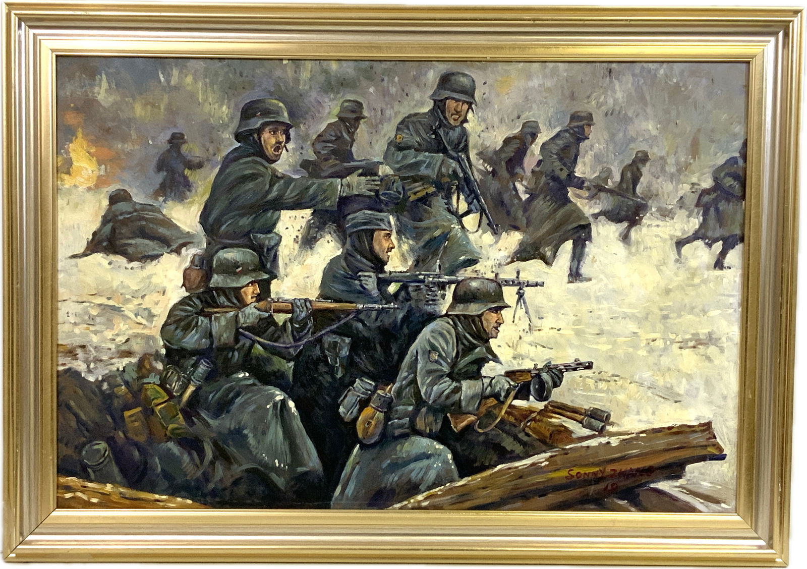 OIL ON BOARD WWII GERMAN SOLDIERS IN BATTLE FRAMED PAINTING: OIL ON BOARD WWII GERMAN SOLDIERS IN BATTLE FRAMED PAINTING. GREAT ARTWORK SIGNED BY THE ARTIST. 33 X 24 SIZE.
