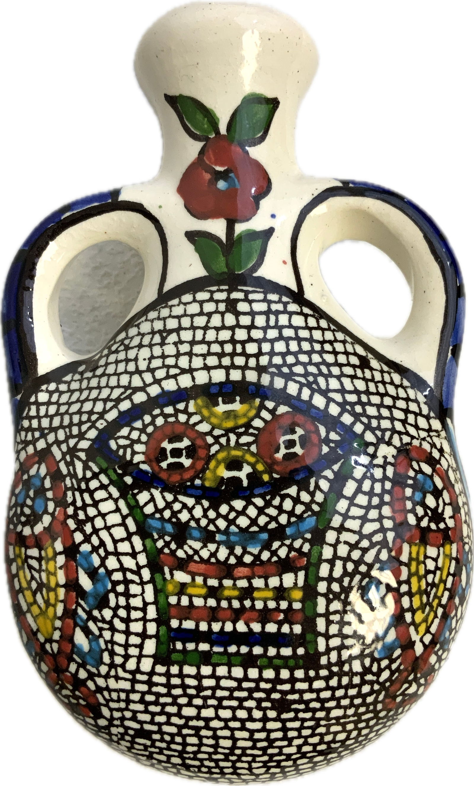 OLD EAST JERUSALEM LOAVES AND FISHES PILIGRIM OIL FLASK: OLD EAST JERUSALEM LOAVES AND FISHES PILIGRIM OIL FLASK. 5 1/2" X 3 1/2" SIZE. PORCELAIN. FROM DR. PAUL D. LYNN COLLECTION.