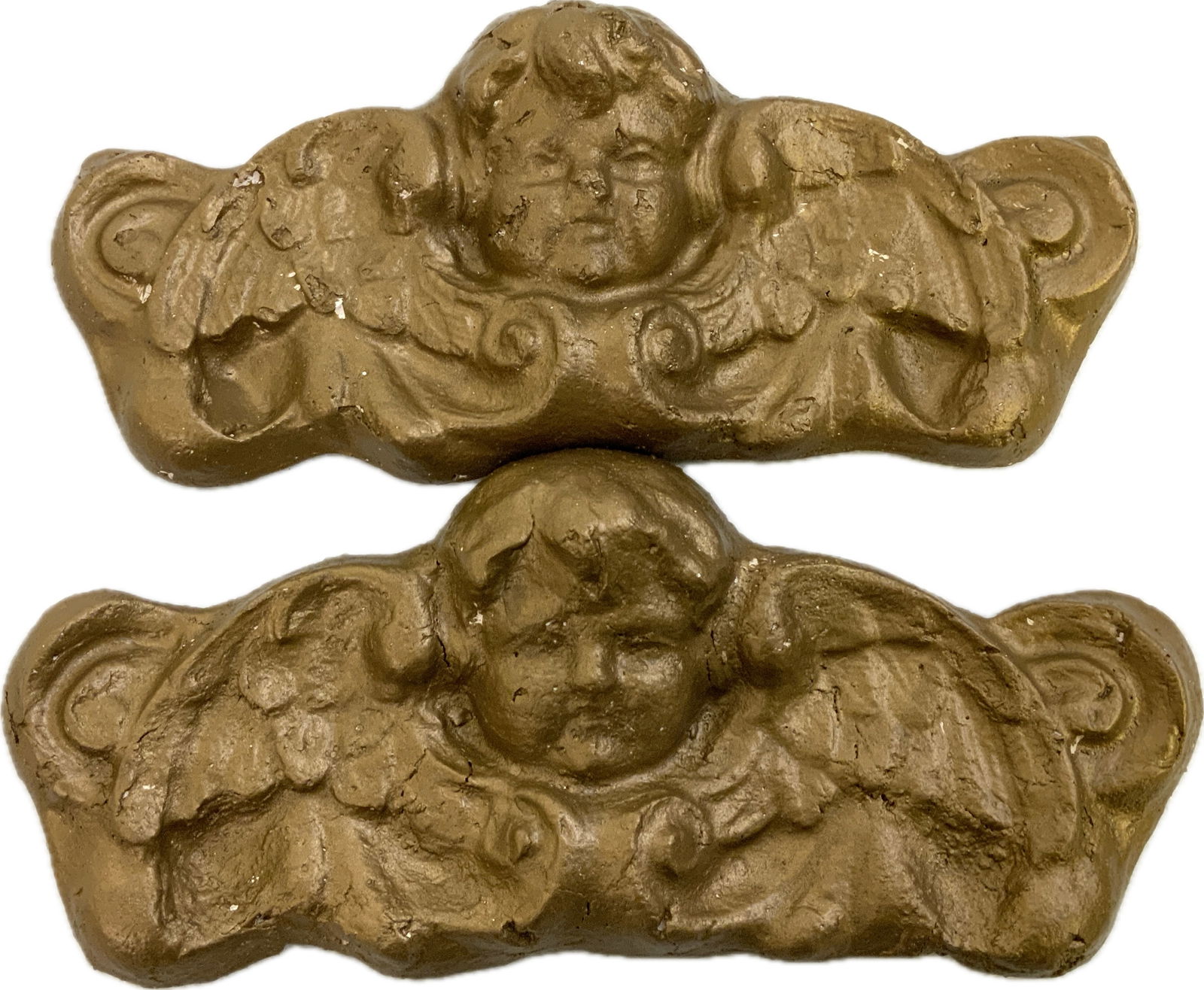 PAIR OF ANTIQUE CHERUBS FOR MANTEL OR LINTEL: PAIR OF ANTIQUE CHERUBS FOR MANTEL OR LINTEL.9" SIZE.TERRACOTTA. OLD REPAIRS AND PRESERVATION VARNISH. BOETIA ARCHITECTURAL GARDEN SALVAGE. EX.TURIN COLLECTION , ITALY.FROM PIECES. FROM DR. PAUL D. LY