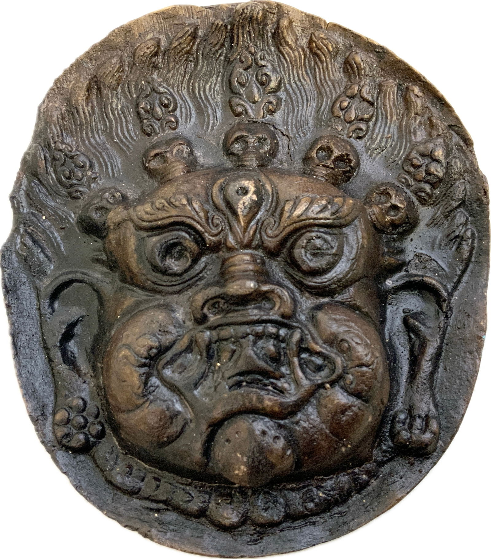 MONGOLIA ANTIQUE MAHAKALA MASK: MONGOLIA ANTIQUE MAHAKALA MASK.TERRACOTTA. OLD REPAIRS. 6" X 5" SIZE.WESTERN MONGOLIA . EX.TURIN COLLECTION, ITALY.FROM PIECES. FROM DR. PAUL D. LYNN COLLECTION.
