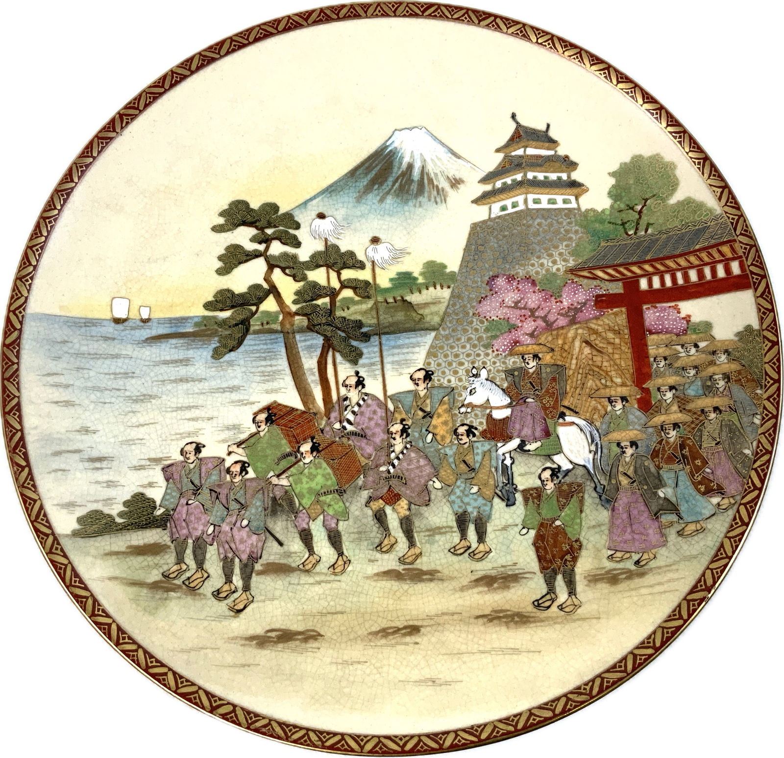 JAPAN VINTAGE PORCELAIN PLATE: JAPAN VINTAGE PORCELAIN PLATE. BEAUTIFUL COLOR TRADITIONAL JAPANESE SECORATED. 12 1/2" DIA. MAKER MARKED .