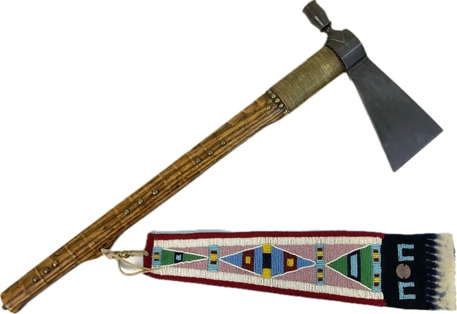 ANTIQUE NATIVE AMERICAN CEREMONIAL PEACE PIPE: ANTIQUE NATIVE AMERICAN CEREMONIAL PEACE PIPE. VERY NICE AND LARGE TOMAHAWK PIPE HEAD . BEEDS DECORATED PIECE WITH 1890 COIN. 23" LONG .10" IRON PIPE HEAD.