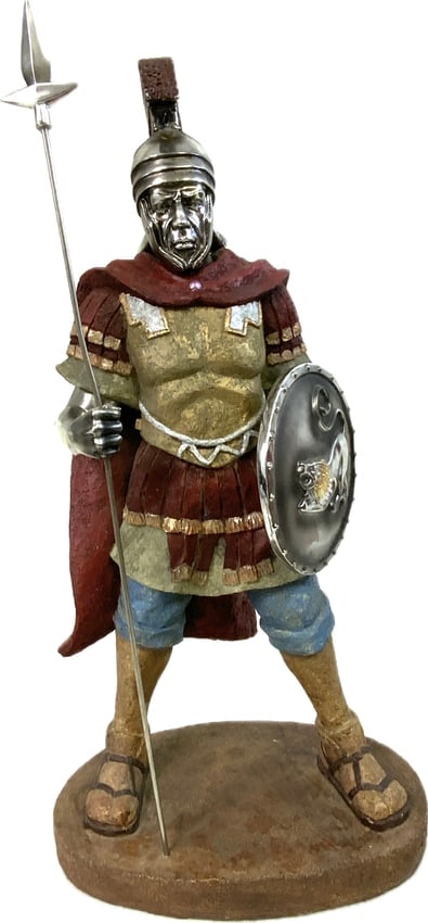 ROMAN LEGION SOLDIER LARGE STATUE WITH JAVELIN AND SHIELD: ROMAN LEGION SOLDIER LARGE STATUE WITH JAVELIN AND SHIELD. BEAUTIFUL DECORATOR PIECE. LARGE 22" TALL . MIXED METAL AND RESIN MATERIAL. GREAT QUALITY MADE.