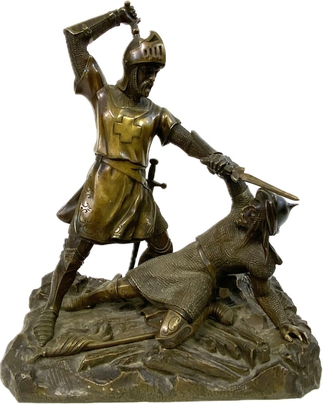 ANTIQUE CRUSADER AND SARACEN GERMAN BRONZE STATUE: ANTIQUE CRUSADER AND SARACEN GERMAN BRONZE STATUE . 18TH CENTURY HEAVY BRONZE. BEAUTIFUL AND VERY HIGH QUALITY MADE BRONZE . MULTI PIECE CONSTRUCTION. REAL WORK OF ART . OUTSTANDING DECORATING PIECE.