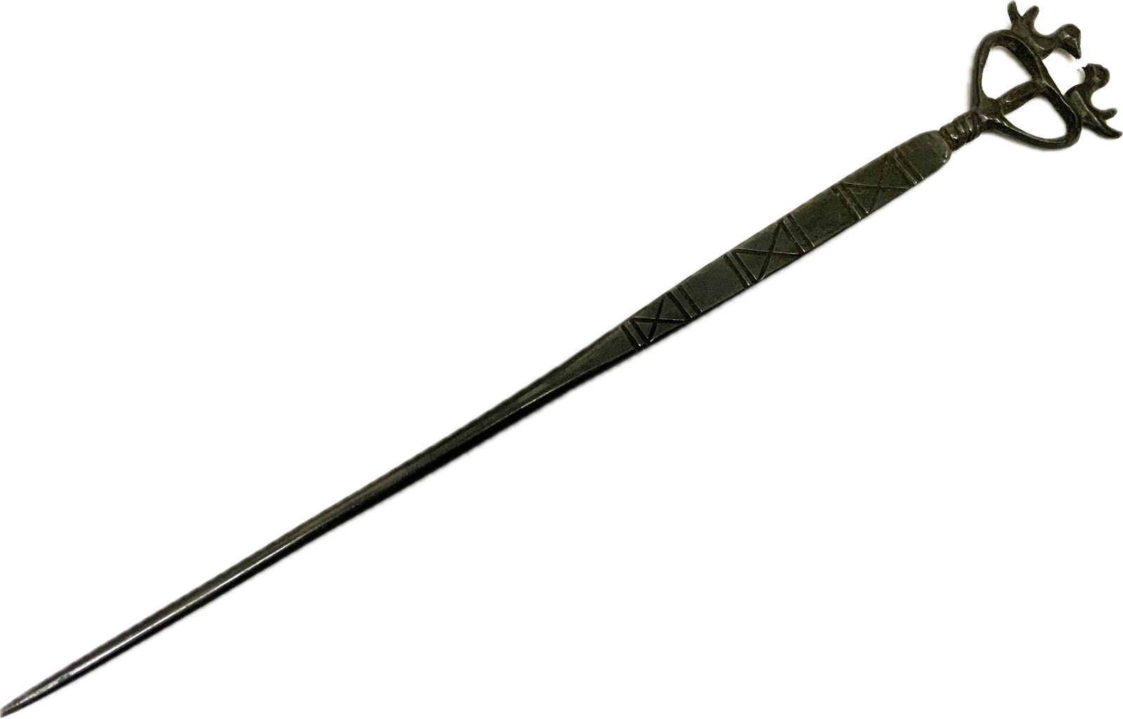 MEDIEVAL FORGED IRON HAIR PIN: MEDIEVAL FORGED IRON HAIR PIN. 7 1/2" LONG. GREAT DARK PATINA.