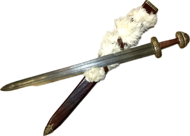 HAND FORGED CUSTOM MADE DAMASCUS STEEL VIKING SWORD: HAND FORGED CUSTOM MADE DAMASCUS STEEL VIKING SWORD. BEAUTIFUL DAMASCUS PATTERN BLADE HEAVY AND WIDE WITH SHARP EDGES. CUSTOM LAMB FUR COVERED LEATHER SCABBARD WITH DECORATED BRASS LOWER FITTING. BEAU