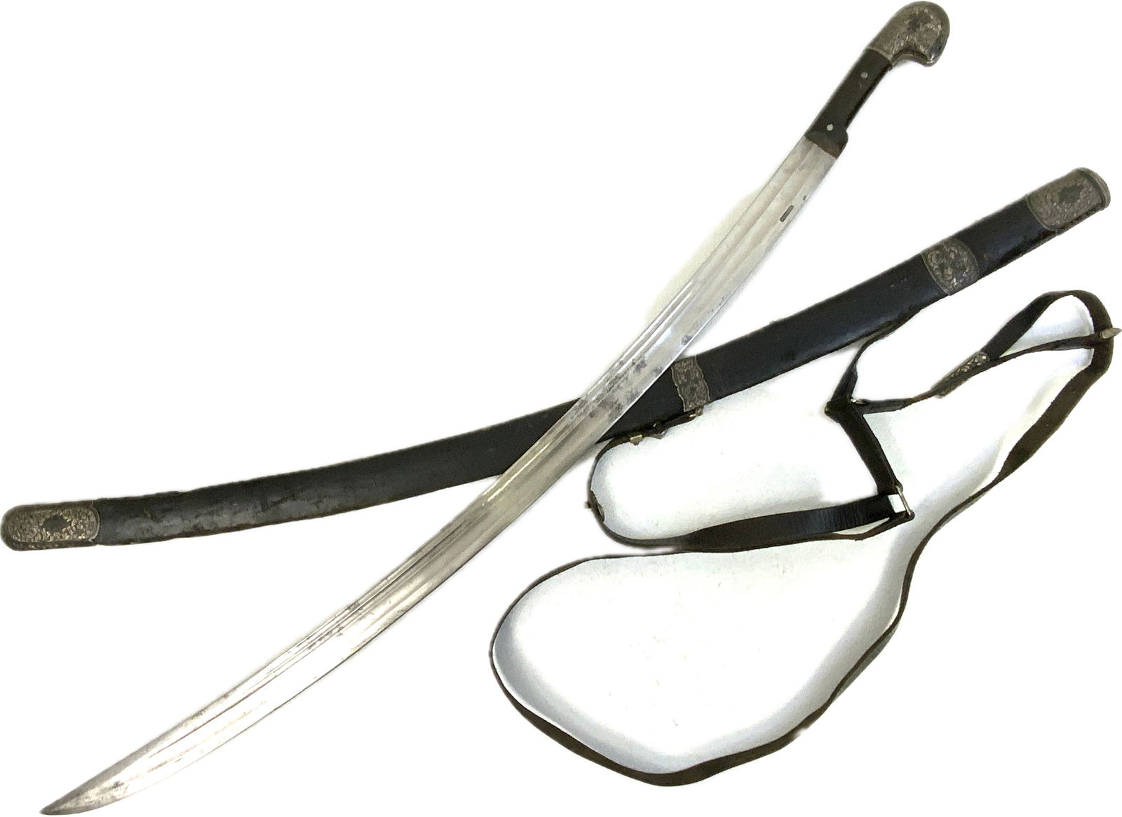 ANTIQUE RUSSIAN COSSACK CAUCASIAN SILVER DECORATED SHASHKA SWORD MUDUNOV: ANTIQUE RUSSIAN COSSACK CAUCASIAN SILVER DECORATED SHASHKA SWORD. BEAUTIFUL PIECE BY FAMOUS MAKER - MUDUNOV. BEAUTIFUL SILVER DECORATED FITTINGS. NICE BLADE WITH ONLY MINOR AGE DARKENING AND MARKED WI