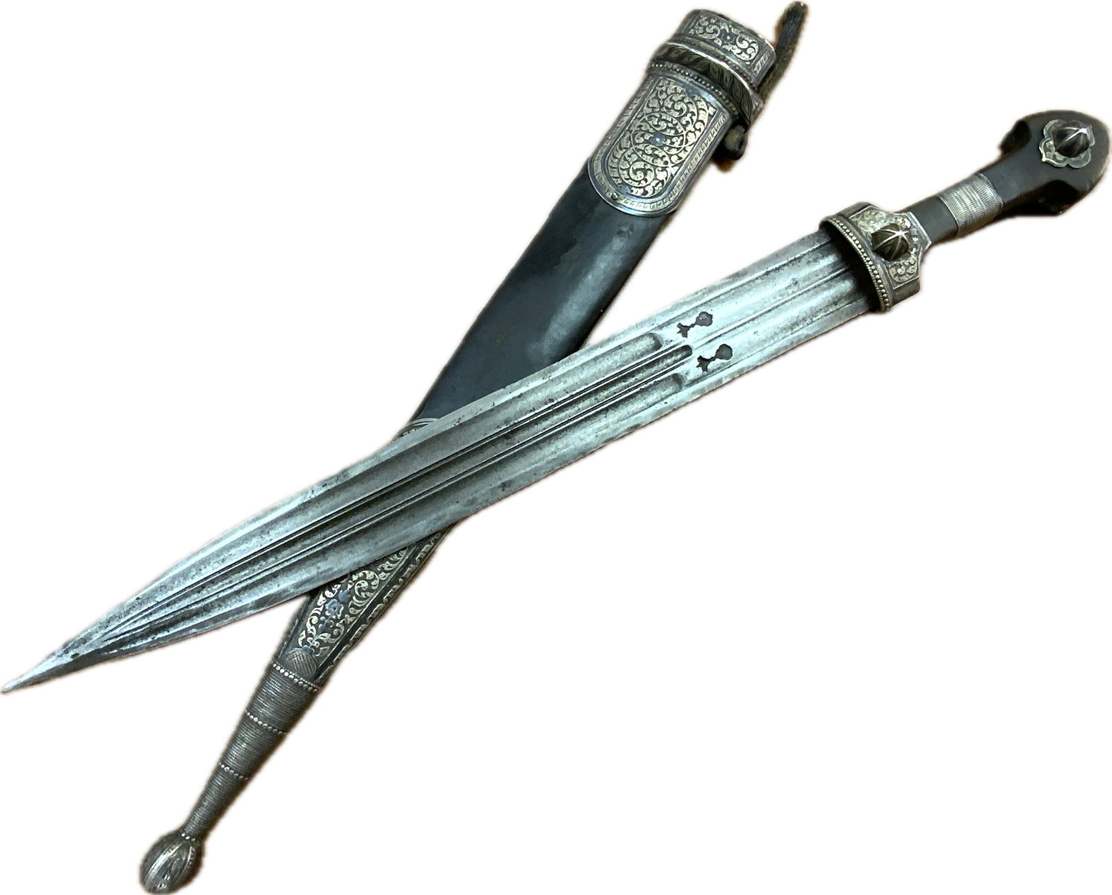 ANTIQUE RUSSIAN COSSACK CAUCASIAN KINJAL DAGGER SILVER DECORATED: ANTIQUE RUSSIAN COSSACK CAUCASIAN KINJAL DAGGER SILVER DECORATED. GREAT EXAMPLE. 84 SILVER STAMPED ON THE FITTINGS . MAKER MARKED BLADE. 23" LONG WITH 15.5" LONG BLADE.