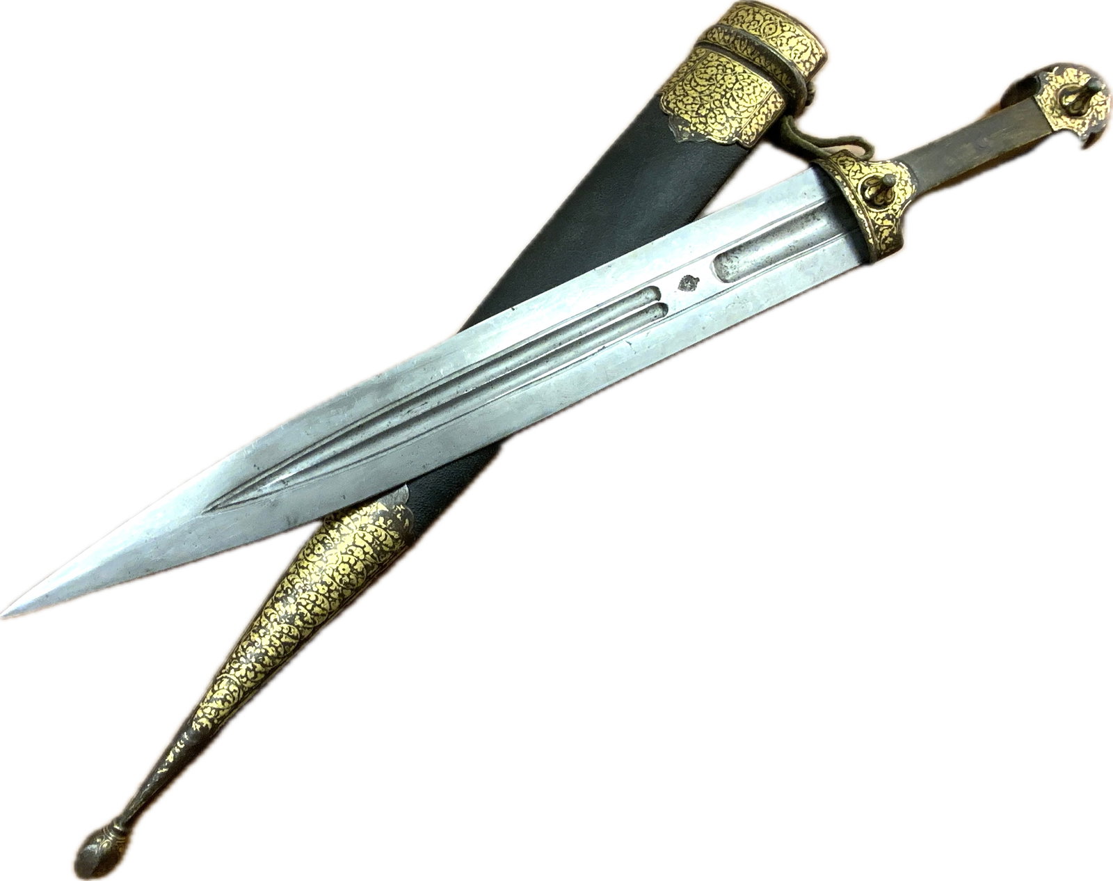 ANTIQUE RUSSIAN COSSACK CAUCASIAN KINJAL DAGGER GOLD ZARNISH DECORATED (1 of 11)