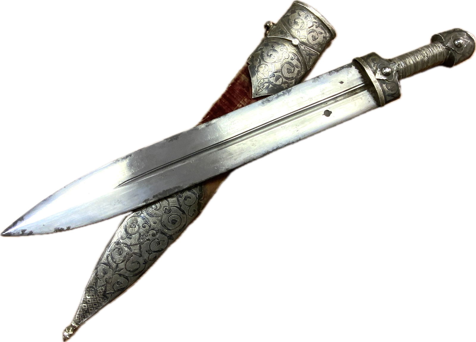 ANTIQUE RUSSIAN SILVER DECORATED BLACK SEA COSSACK STYLE CAUCASIAN KINJAL DAGGER: ANTIQUE RUSSIAN SILVER DECORATED BLACK SEA COSSACK STYLE CAUCASIAN KINJAL DAGGER . BEAUTIFUL AND RARE KINJAL. HEAVY AND WIDE BLADE IS NICELY DECORATED WITH MAKER STAMP ON BOTH SIDES. GREAT CONDITION F