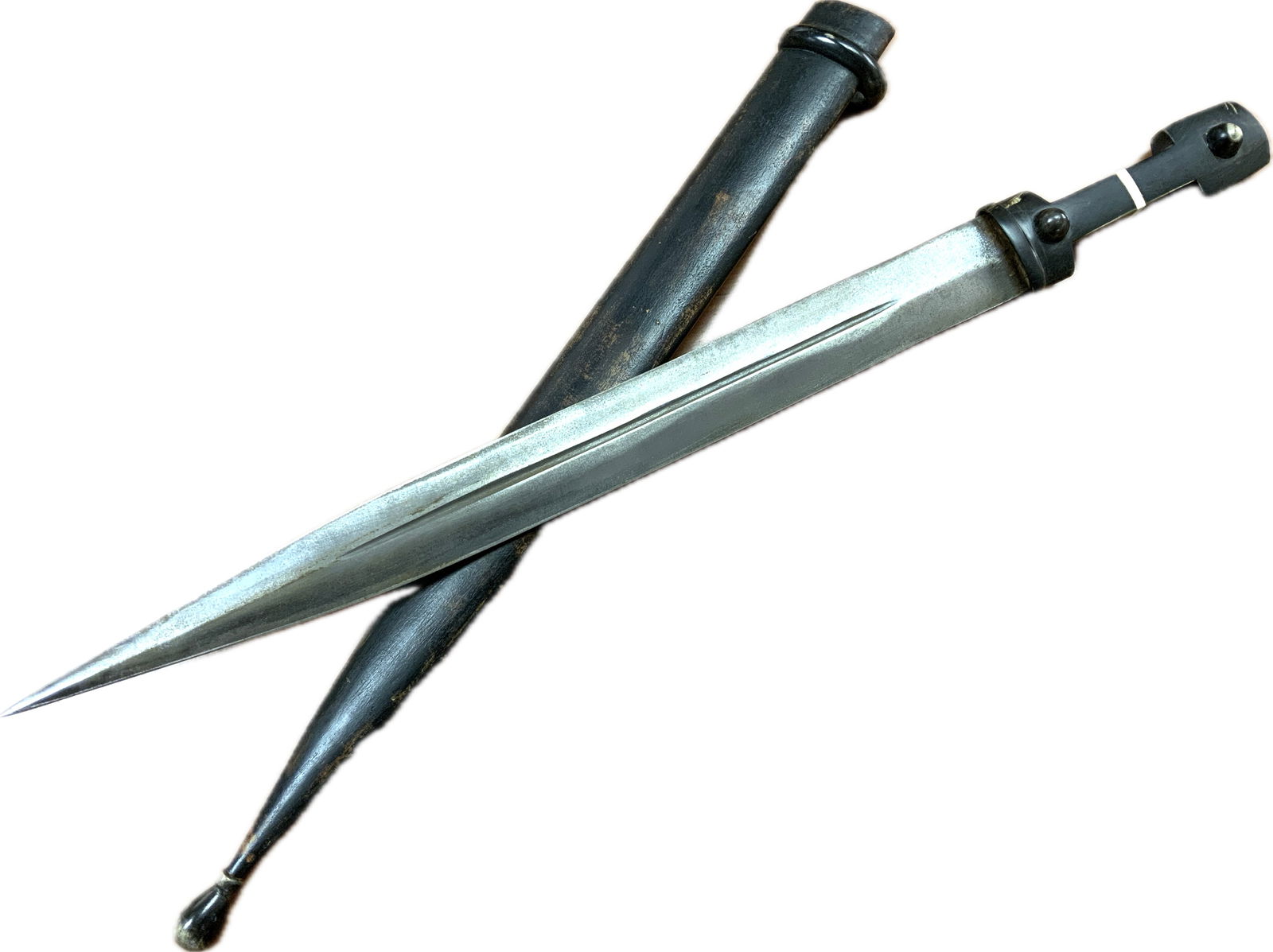 ANTIQUE RUSSIAN LARGE BLACK SEA COSSACK KINJAL DAGGER: ANTIQUE RUSSIAN LARGE BLACK SEA COSSACK KINJAL DAGGER. VERY NICE REAL WEAPON NOT DECORATED CEREMONIAL PIECE. SHARP LONG BLADE. 22 1/2" LONG WITH 16" BLADE. RARE EXAMPLE.