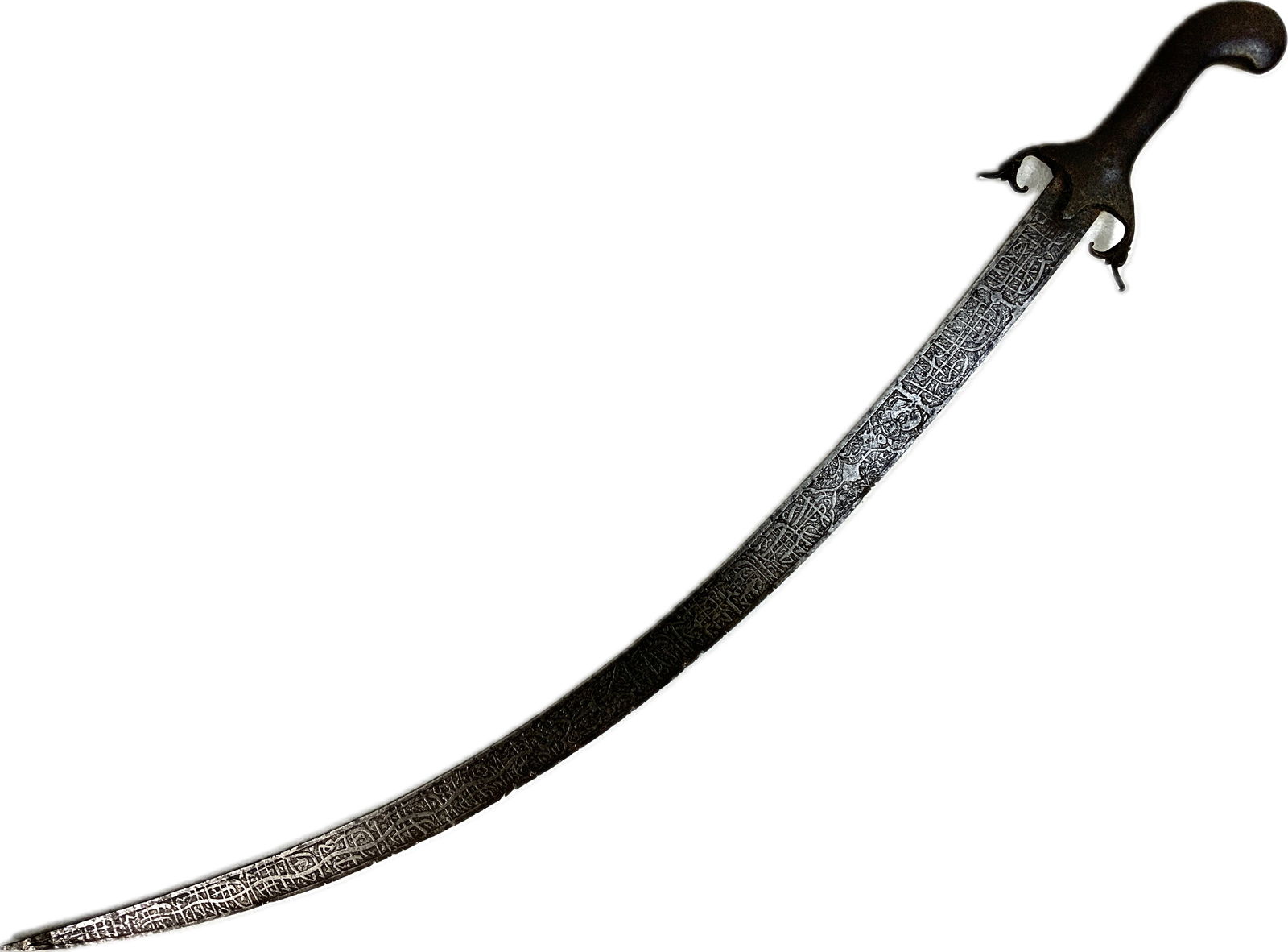 ANTIQUE PERSIAN QAJAR STEEL SWORD WITH ISLAMIC CALLIGRAPHY TO THE BLADE: ANTIQUE PERSIAN QAJAR STEEL SWORD WITH ISLAMIC CALLIGRAPHY TO THE BLADE. ALL STEEL HILT DISPLAYS GREAT AGE. VERY NICE CURVED BLADE TOTALLY COVERED WITH ISLAMIC CALLIGRAPHY AND SNAKE MOTIFS WITH SOME B