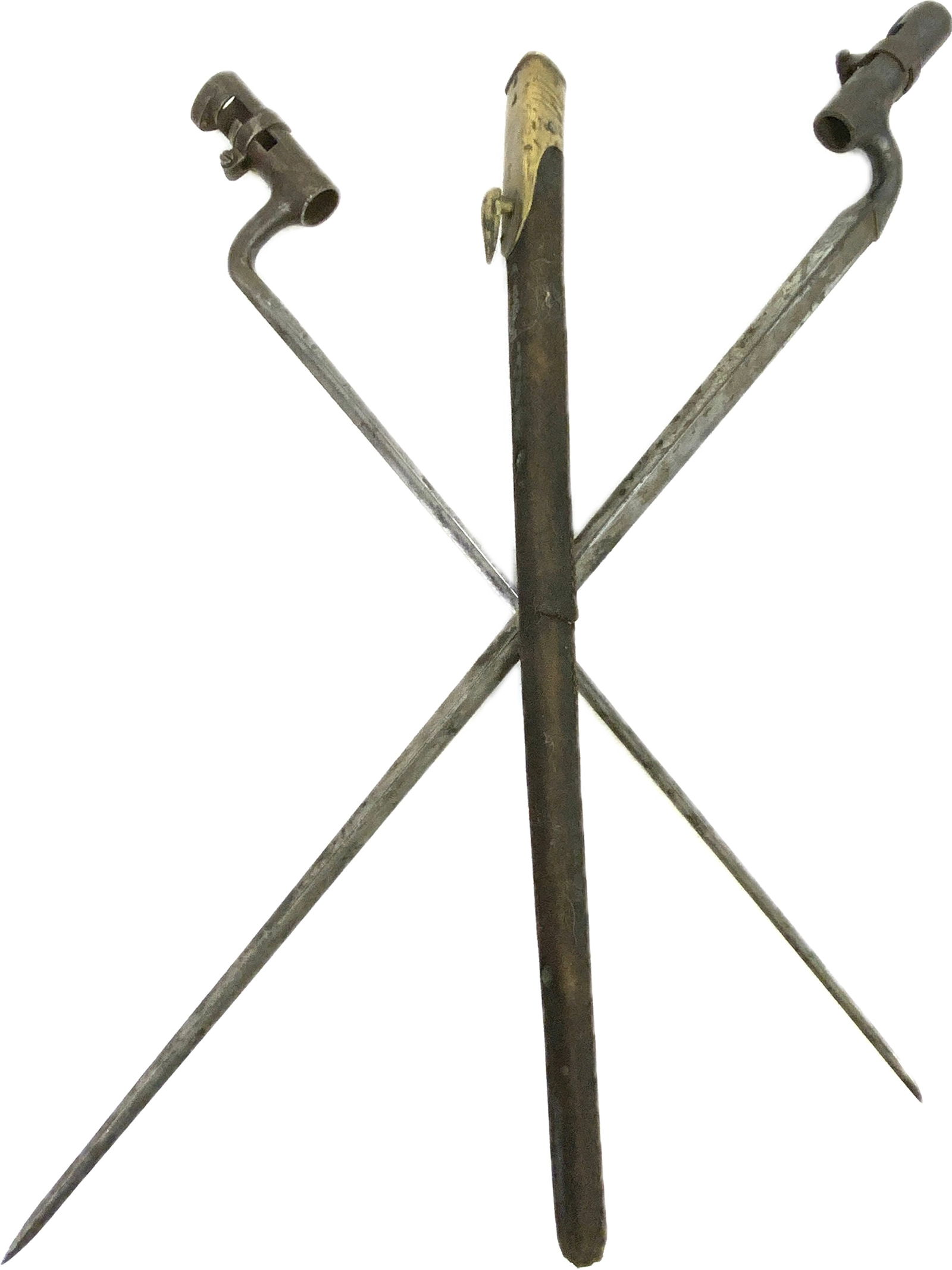 ANTIQUE ENGLISH RIFLE SOCKET BAYONETS: ANTIQUE ENGLISH RIFLE SOCKET BAYONETS . LOT OF 2. ONE WITH ORIGINAL SCABAARD. 26" AND 21" LONG.