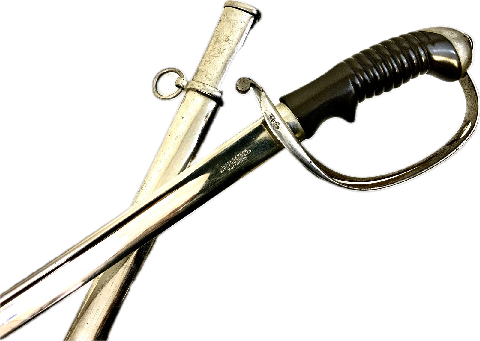 ANTIQUE GERMAN MADE 1889 CHILE CAVALRY OFFICERS SWORD: ANTIQUE GERMAN MADE 1889 CHILE CAVALRY OFFICERS SWORD. OVERALL GREAT CONDITION WITH CHILEAN CRESTS DEFACED.WKC SOLINGEN MADE. MATCHING NUMBERS ON THE SWORD AND SCABBARD. 38" LONG WITH 31" LONG BLADE.