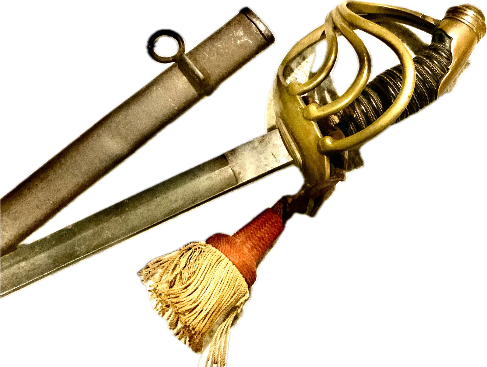 IMPERIAL GERMANY CAVALRY CURASSIER TROOPERS SWORD: IMPERIAL GERMANY CAVALRY CURASSIER TROOPERS SWORD.RARE SWORD. SHOWS ITS AGE. DARK PATINA ON THE BLADE AND SCABBARD. BRASS HILT IS TIGHT WITH ORIGINAL SWORD KNOT IN WELL WORN CONDITION. 39" LONG WITH 3