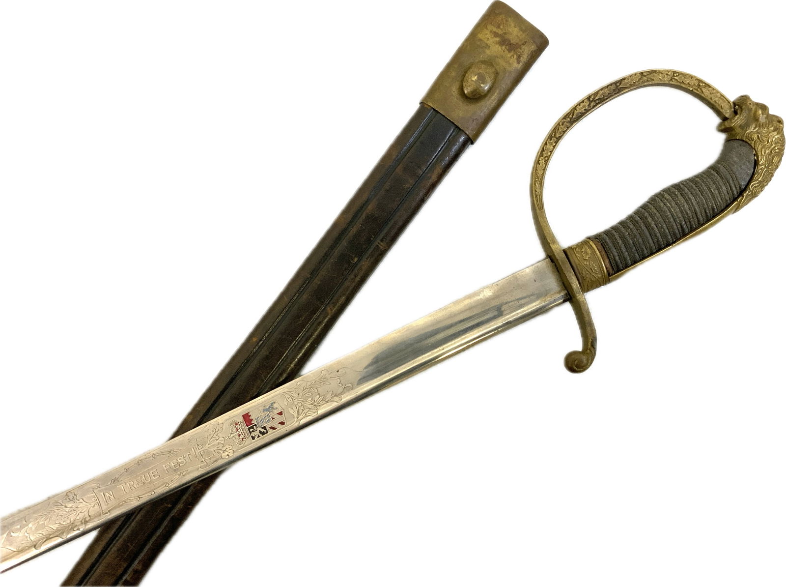 ANTIQUE IMPERIAL GERMAN BAVARIAN POLICE OFFICER SHORT SWORD: ANTIQUE IMPERIAL GERMAN BAVARIAN POLICE OFFICER SHORT SWORD. BEAUTIFUL PIECE. BRASS LION HEAD GUARD. ETCHED BLADE WITH COLOR ENAMELS TO BAVARIAN CREST. APPEARS TO BE SHORTENED FROM A LONG SWORD TO A P