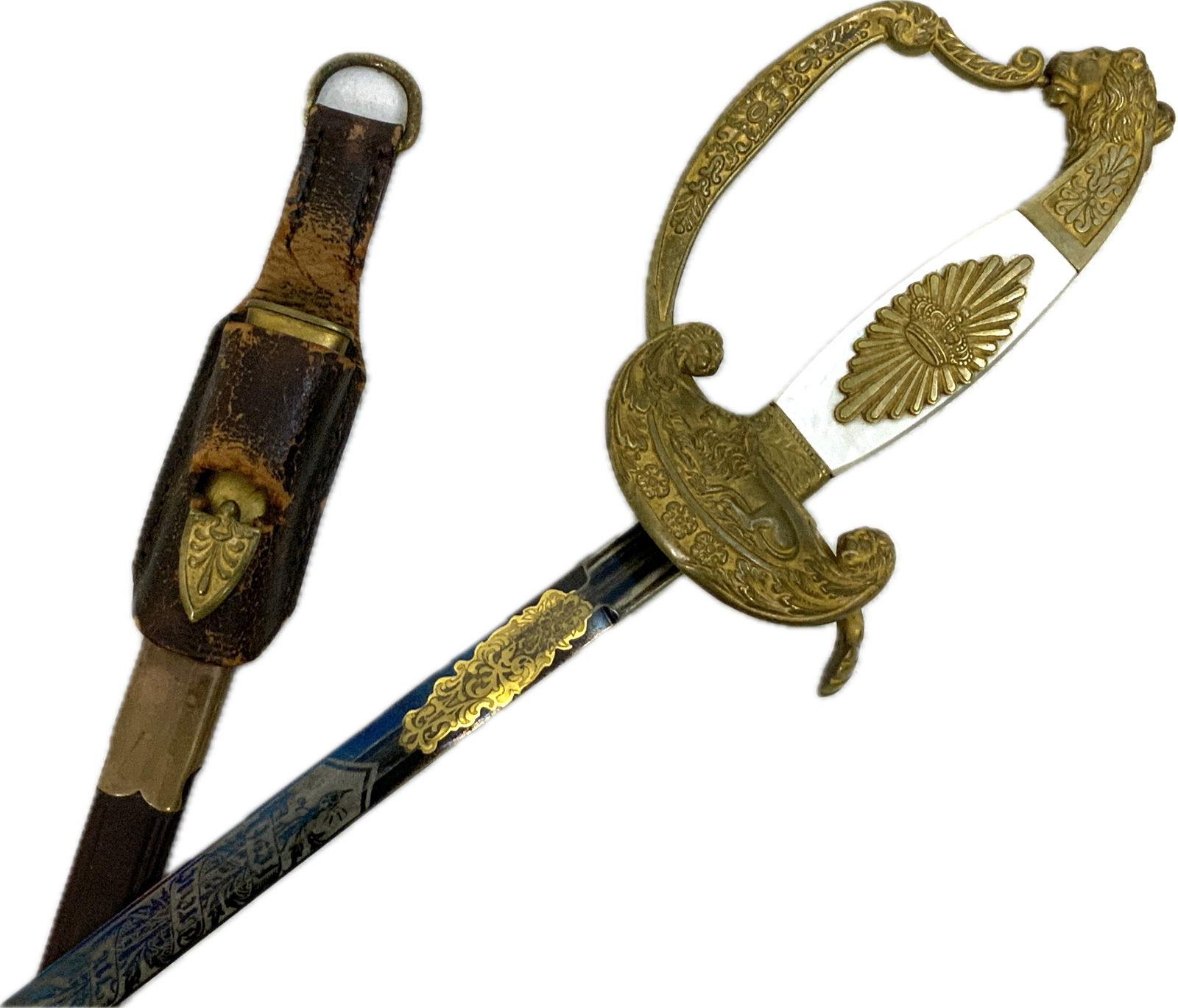 IMPERIAL GERMANY BAVARIAN GOVERNMENT OFFICIAL SHORT SWORD: IMPERIAL GERMANY BAVARIAN GOVERNMENT OFFICIAL SHORT SWORD. EICKHORN MADE. BEAUTIFUL PIECE WITH ETCHED BLUED AND GILDED BLADE. BROWN LEATHER COVERED SCABBARD AND GILDED BRASS FITTINGS. POSSIBLE MADE FR