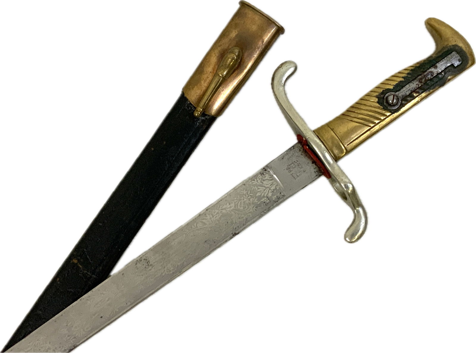 ANTIQUE IMPERIAL GERMAN 1871 MODEL LONG DRESS BAYONET WITH ETCHED BLADE: ANTIQUE IMPERIAL GERMAN 1871 MODEL LONG DRESS BAYONET WITH ETCHED BLADE. VERY NICE EXAMPLE WITH ORIGINAL SCABBARD. MADE BY W.K & C. 25"LONG WITH 19" LONG DOUBLE ETCHED BLADE.