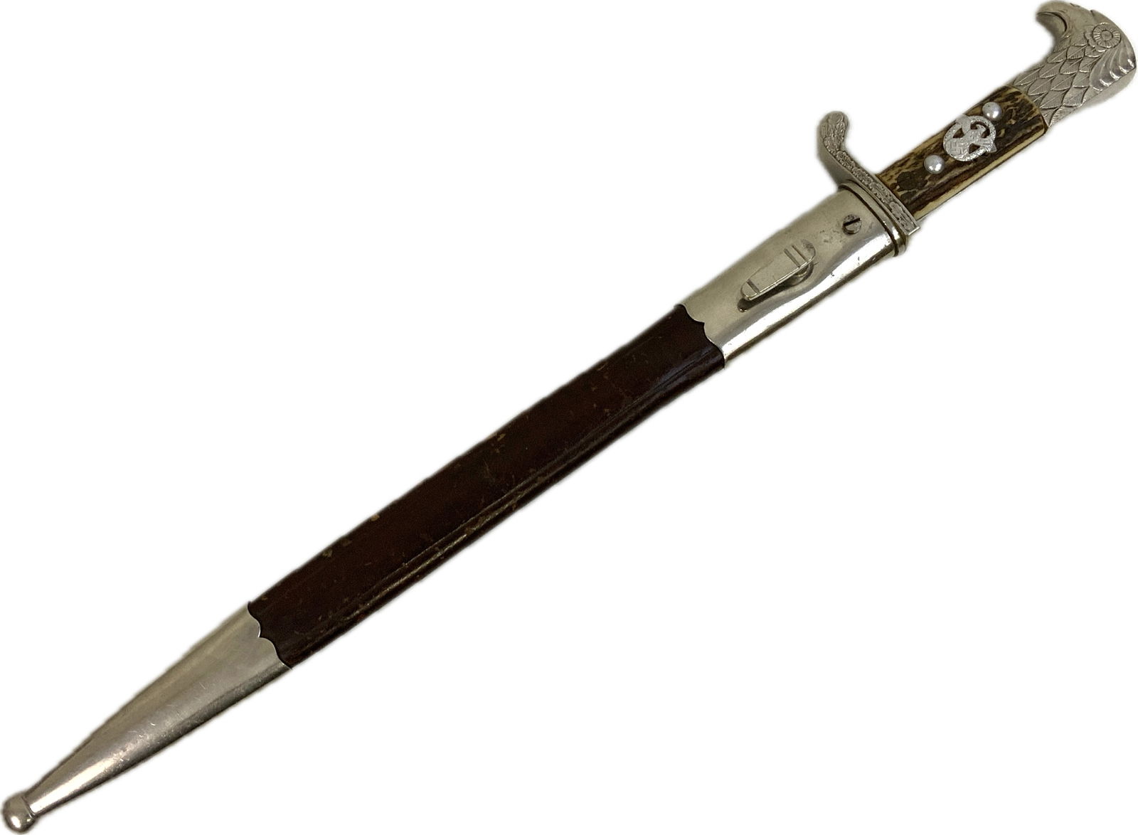 WWII GERMAN POLICE OFFICER DRESS BAYONET: WWII GERMAN POLICE OFFICER DRESS BAYONET.GREAT CONDITION POLICE BAYONET WITH STAG GRIP. MATCHING NUMBERS S.S.51 STAMPED ON SCABBARD AND BAYONET HILT. BRIGHT PLATED BLADE WITH E&F HORSTER SOLINGEN MAKE