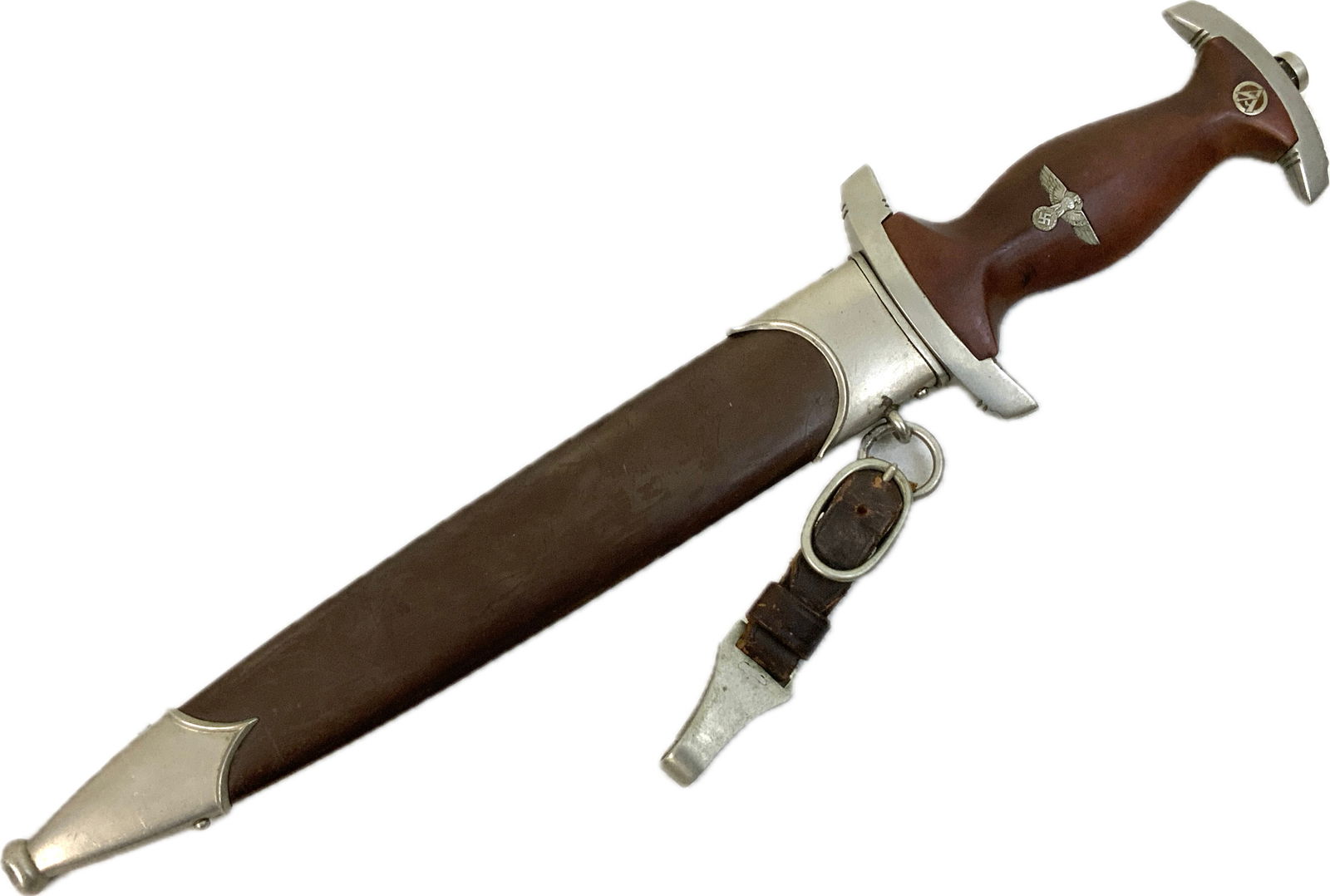 GERMANY THIRD REICH SA DAGGER: GERMANY THIRD REICH SA DAGGER.GREAT EARLY EXAMPLE BY F. PLUCKER JR. NEAR MINT CONDITION. VERY NICE AND CLEAN SCABBARD WITH NICE ANODIZING AND LAQUER COAT STILL REMAIN. BEAUTIFUL BLADE WITH CROSS GRAIN