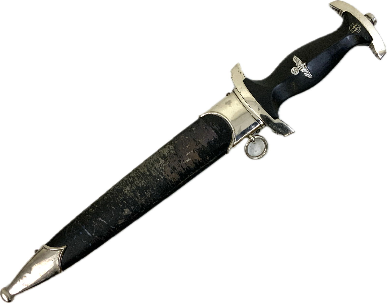 GERMANY THIRD REICH M33 SS DAGGER: NAZI GERMANY M33 SS DAGGER. RZM 941/39/SS MARKED BLADE. VERY NICE OVERALL CONDITION WITH BRIGHT BLADE AMD PLATED FITTINGS. SOME WEAR TO THE BLACK SCABBARD PAINT. NICE EXAMPLE.