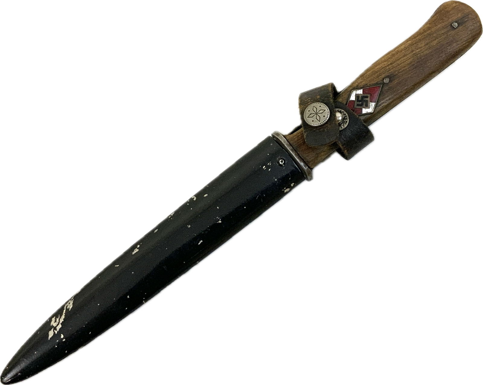 WWII GERMAN F.W.HOLLER FIGHTING KNIFE WITH HJ GRIP INSIGNIA: WWII GERMAN F.W.HOLLER FIGHTING KNIFE WITH HJ GRIP INSIGNIA. VERY NICE COMBAT KNIFE. HITLER YOUTH DIAMOND INSERT IN THE WOOD GRIP. POSSIBLE SS HITLERJUGEND DIVISION MEMBER DECORATED.ORIGINAL LEATHER