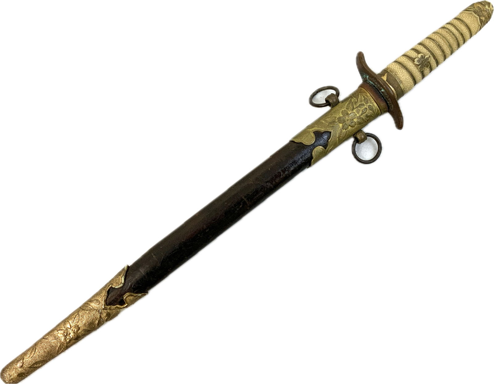 WWII JAPANESE NAVY OFFICERS DAGGER: WWII JAPANESE NAVY OFFICERS DAGGER. RARE LATE WAR EXAMPLE WITH MIXED METAL AND CELULOID FITTINGS. OVERAL VERY NICE CONDITION. 16 1/2" LONG WITH 8 1/2" BLADE. RARE LATE WAR EXAMPLE.