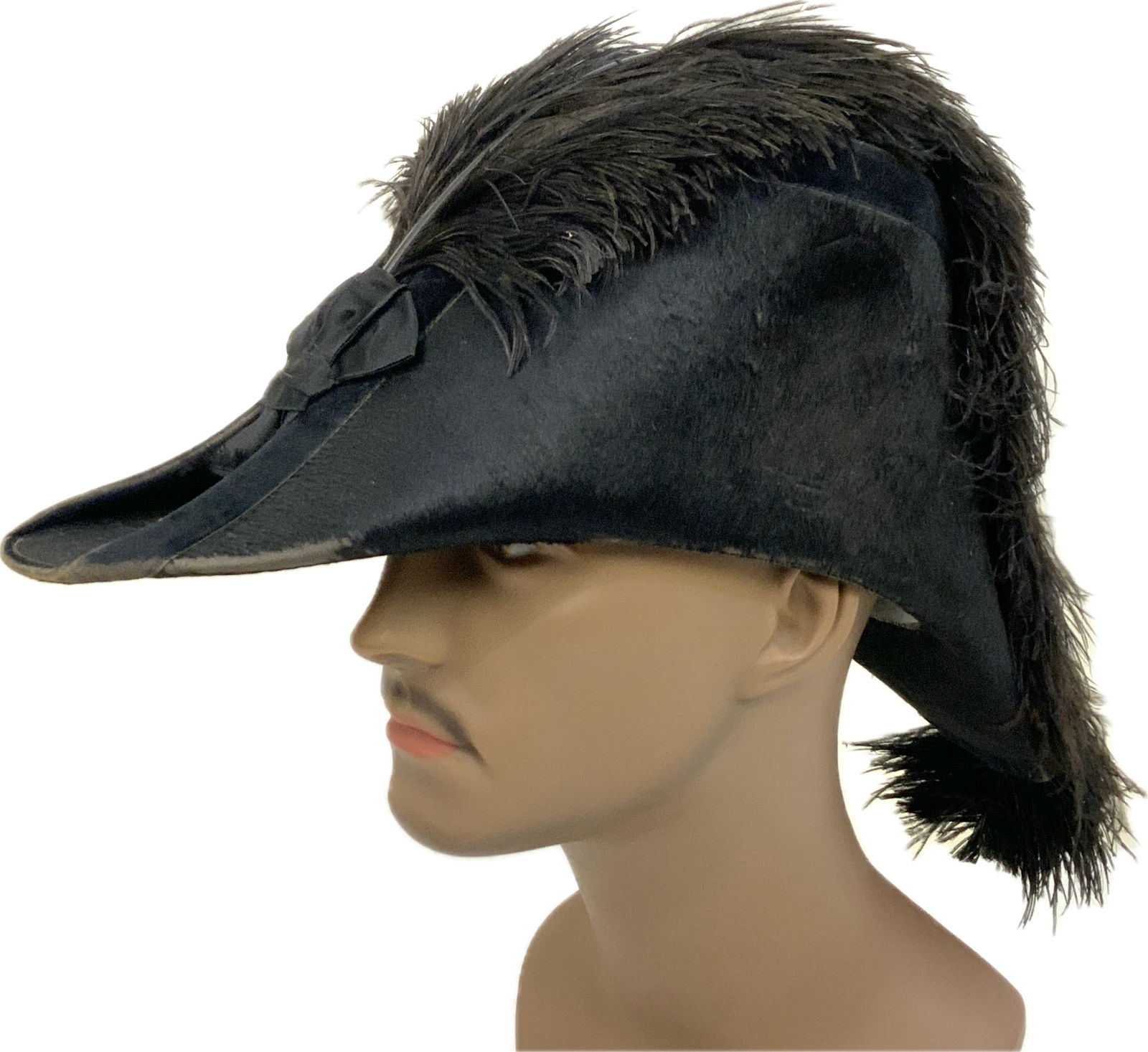 ANTIQUE BLACK BICORN HAT: ANTIQUE BLACK BICORN HAT. BLACK FELT.BLACK FEADER PLUMAGE.GREAT CONDITION. AMERICAM MAKER INSIDE.