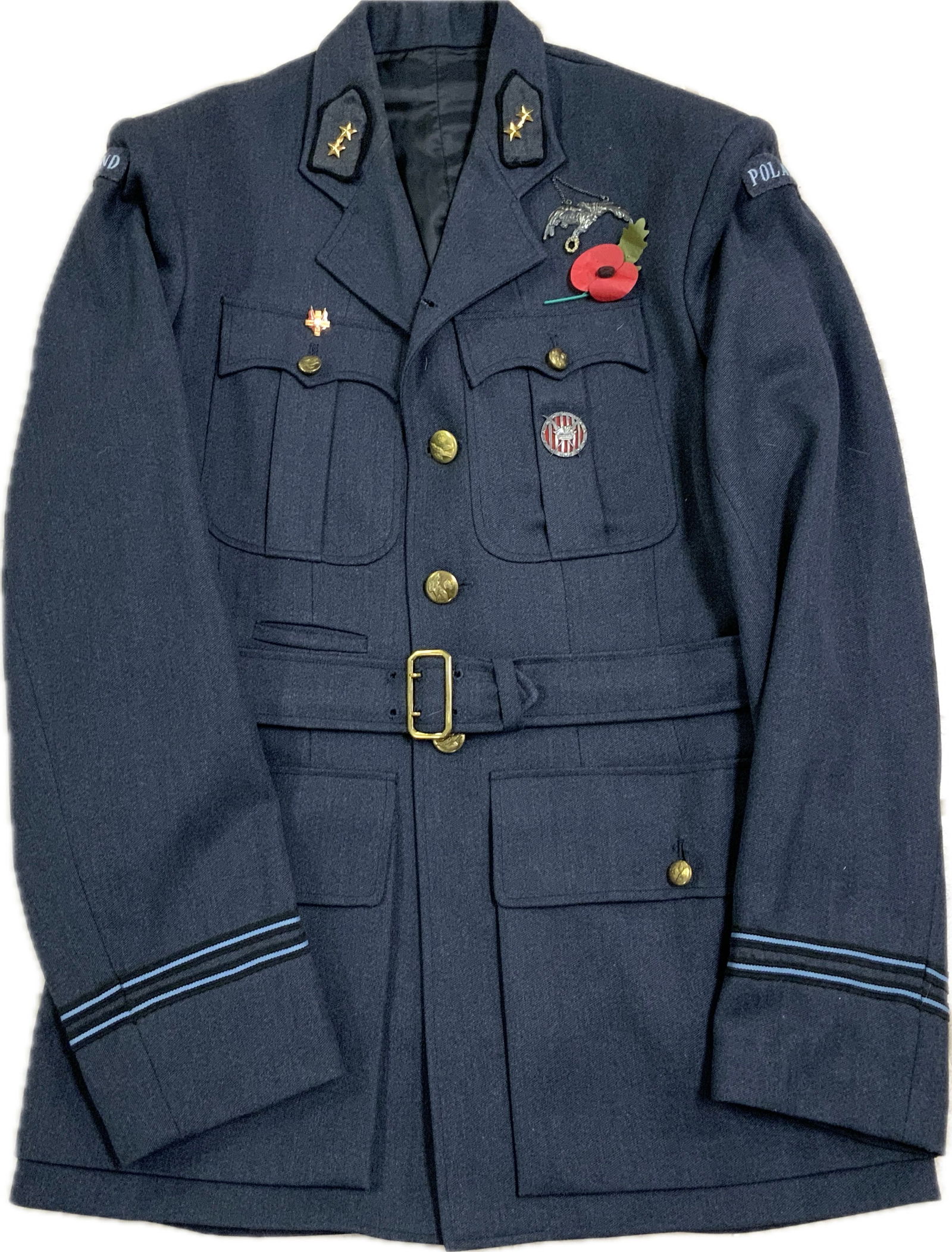 WWII POLISH AIR FORCES RAF FLYING OFFICER UNIFORM TUNIC AND TROUSERS: WWII POLISH AIR FORCES RAF FLYING OFFICER UNIFORM TUNIC AND TROUSERS. BRITISH MADE OFFICERS GRADE BLUE WOOL TUNIC AND TROUSERS. COMPLETE WITH POLISH OFFICER INSIGNIA AND BADGES. VERY GOOD CONDITION SE