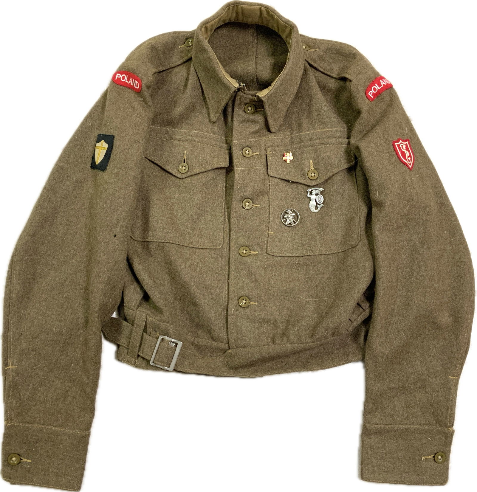 WWII POLISH VETERAN BATTLE DRESS UNIFORM BLOUSE: WWII POLISH VETERAN BATTLE DRESS UNIFORM BLOUSE. WOOL BRITISH MADE BLOUSE WITH POLISH INSIGNIA AND BADGES. VERY NICE EXAMPLE.