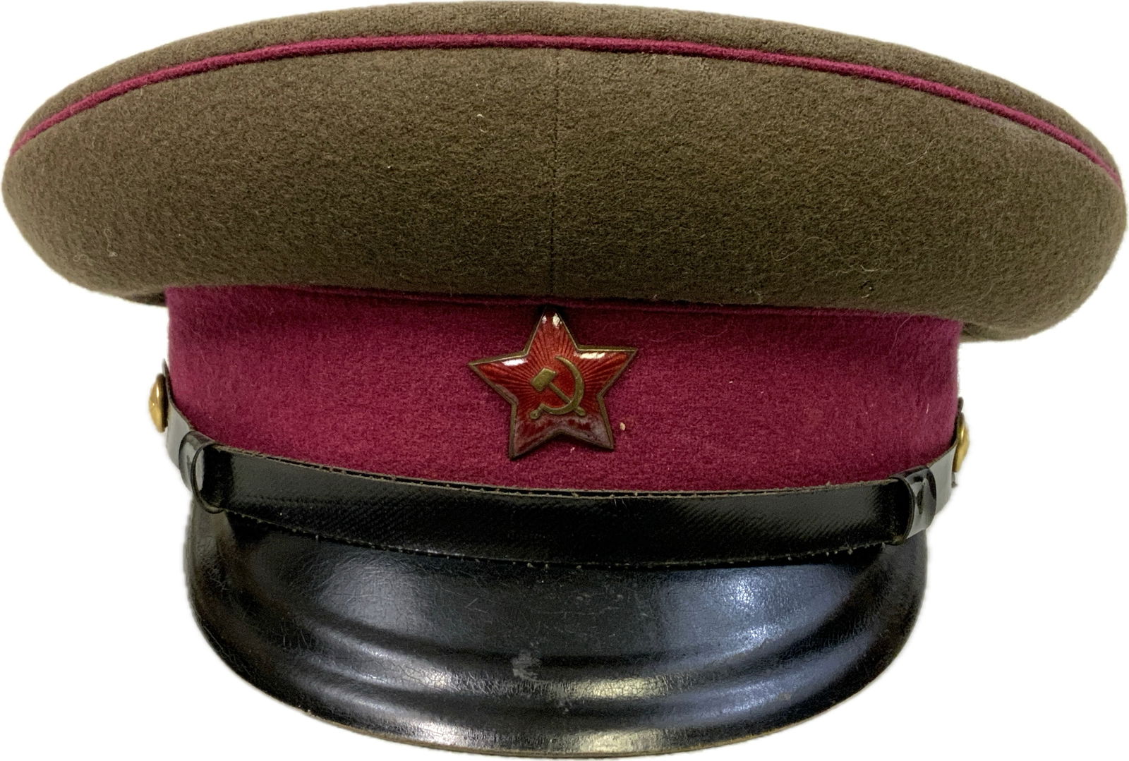 USSR SOVIET ARMY OFFICERS WWII STYLE VISOR HAT: USSR SOVIET ARMY OFFICERS WWII STYLE VISOR HAT.CIRCA 1950'S-60'S. GREAT CONDITION. SIZE 57. MANUFACTURING TAG INSIDE.