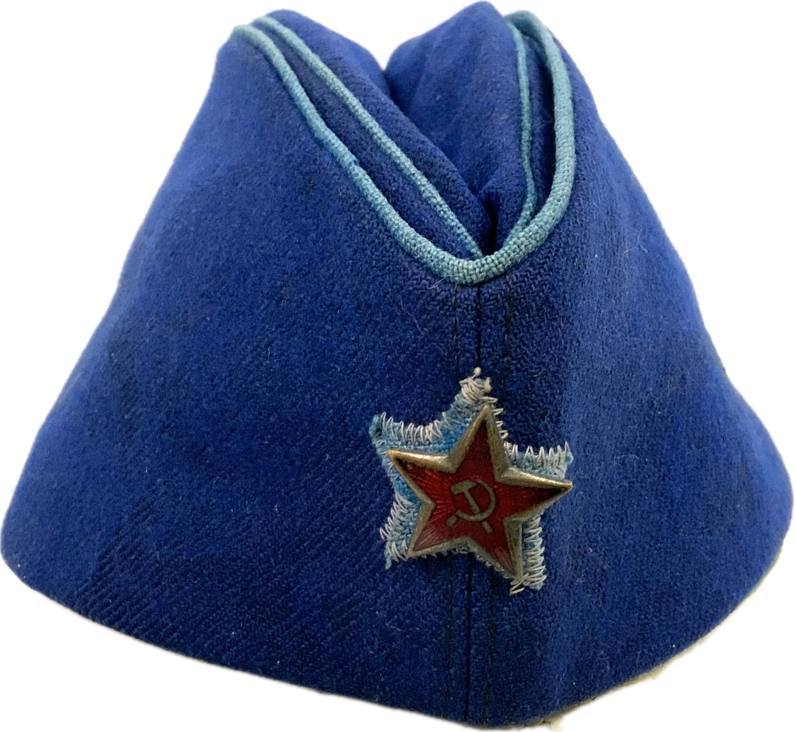 USSR WWII SOVIET AIR FORCE OFFICERS PILOTKA CAP: USSR WWII SOVIET AIR FORCE OFFICERS PILOTKA CAP. VERY RARE TO FIND. BLUE WOOL MATERIAL. GREAT OVERALL CONDITION.NAMED INSIDE.