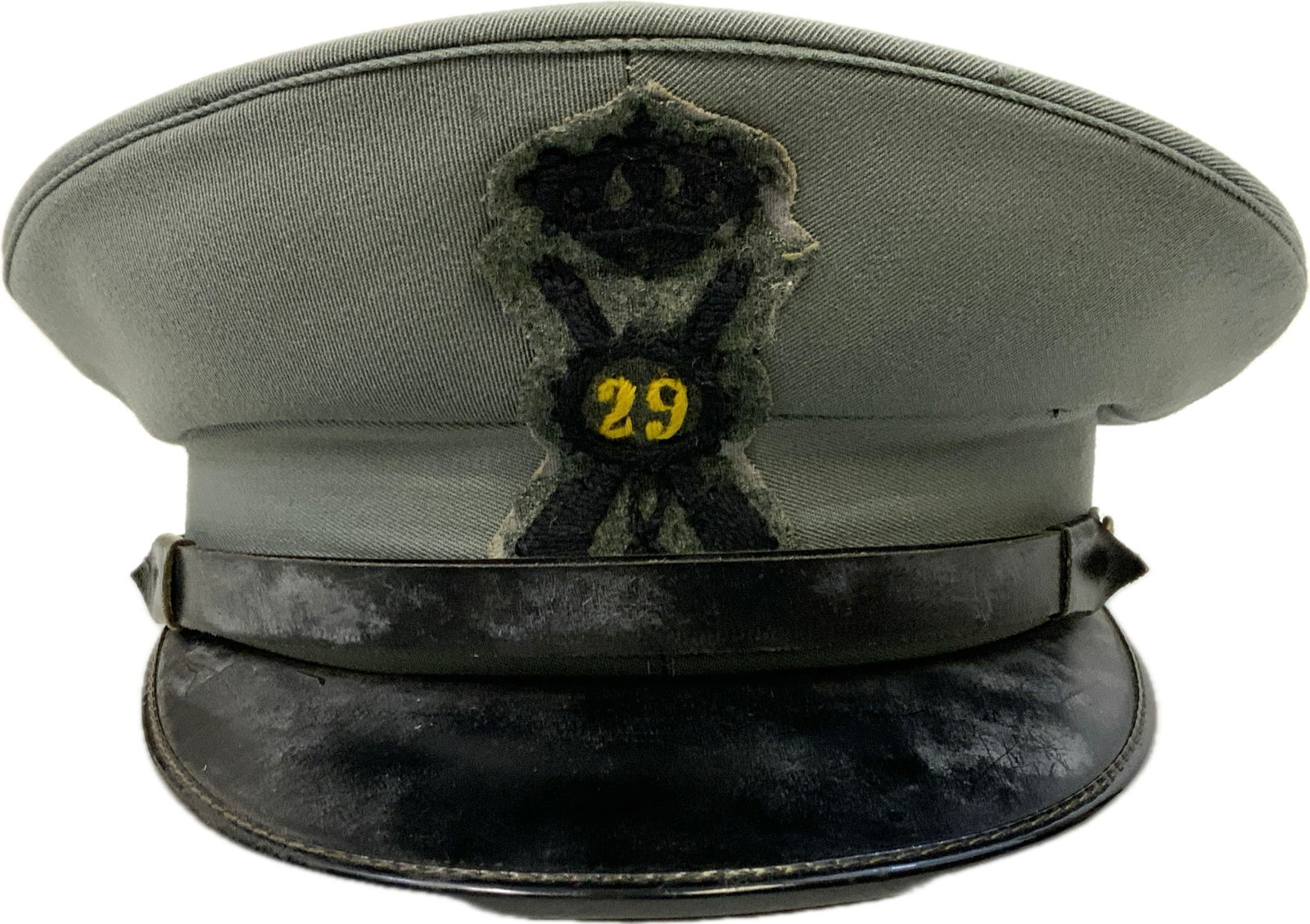 ITALY WWII ITALIAN MILITARY VISOR HAT: ITALY WWII ITALIAN MILITARY VISOR HAT. GRAY BODY WITH EMBROIDERED INSIGNIA. GOOD WORN CONDITION. ROME MAKER MARKED . SIZE 55.