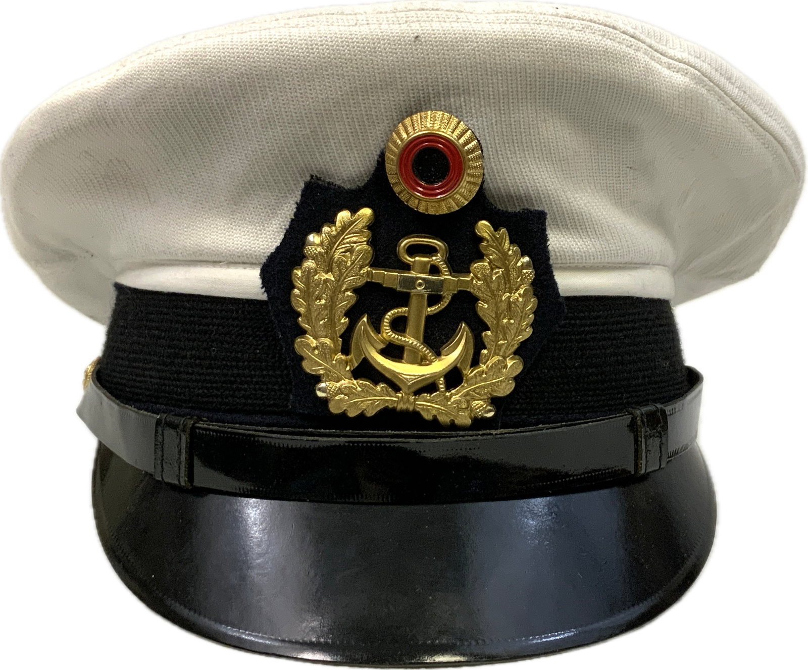 GERMANY WHITE TOP GERMAN NAVY OFFICERS VISOR HAT: GERMANY WHITE TOP NAVY VISOR HAT. GOOD USED CONDITION. MAKER MARKED. SIZE 55