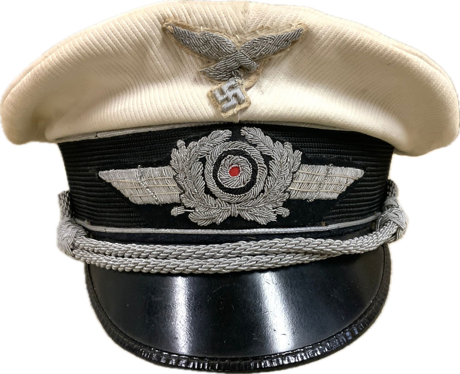WWII GERMAN LUFTWAFFE OFFICERS WHITE TOP VISOR CAP HAT: WWII GERMAN LUFTWAFFE OFFICERS WHITE TOP VISOR CAP HAT. WORN BUT GREAT CONDITION.WHITE RIBBED TYPE MATERIAL TOP. RARE HAT.