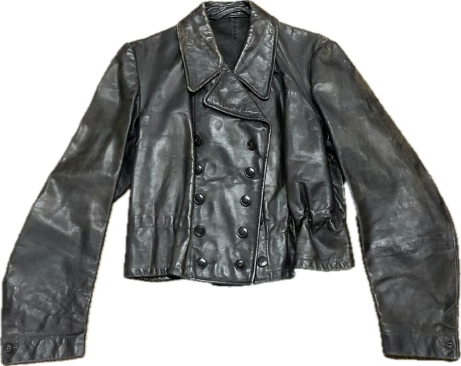 WWII GERMAN WAFFEN SS PANZER LEATHER JACKET: WWII GERMAN WAFFEN SS PANZER LEATHER JACKET AND TROUSERS. VERY RARE AND RARELY SEEN LATE WAR SS PANZER USED UNIFORM. ORIGINALLY KRIEGSMARINE ISSUE LEATHER REPURPOSED FOR SS TANK CREWS IN THE LATE WAR