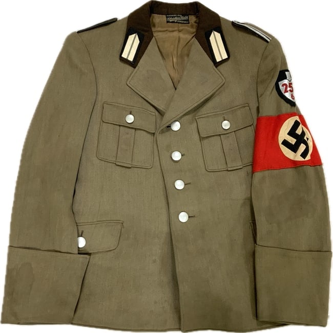 GERMANY THIRD REICH RAD LABOR SERVICE UNIFORM TUNIC: WWII GERMAN RAD LABOR SERVICE UNIFORM TUNIC. WELL WORN BUT GREAT CONDITION OVERALL WITH SOME DIRT STAINS.TAYLOR LABEL AND NAME TAG INSIDE DATED 1939. GREAT EXAMPLE