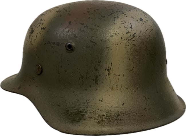 WWII GERMAN M42 COMBAT NORMANDY CAMO PAINTED HELMET: WWII GERMAN M42 COMBAT NORMANDY CAMO PAINTED HELMET. VERY NICE GREAT EXAMPLE OF COMBAT PAINTED M42 SHELL. INCLUDED LEATHER LINING IN WORN CONDITION . PAINTED INSIDE AS WELL. VISIBLE SIZE 64 STAMPED.