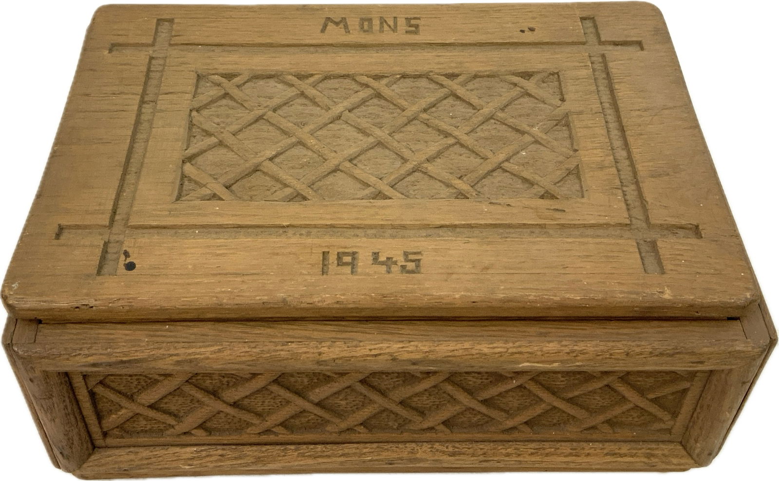 WWII GERMAN 1945 DATED FIELD MADE HAND CARVED WOODEN CIGAR BOX: WWII GERMAN 1945 DATED FIELD MADE HAND CARVED WOODEN CIGAR BOX . NAMED "MONS" . NICE FIELD MADE BOX. 12 X 9 X 5 SIZE.