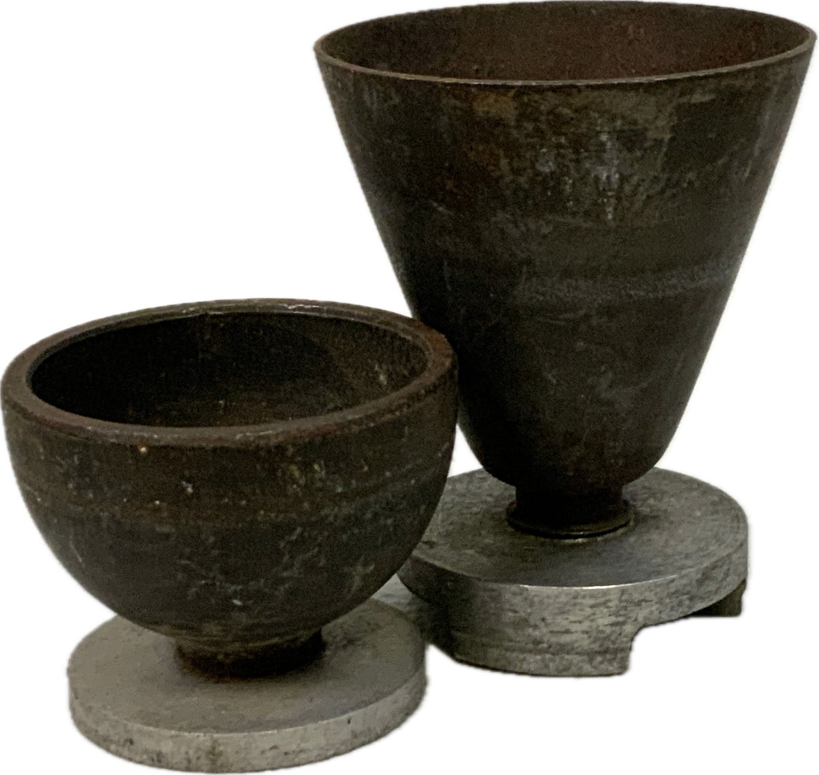 WWII GERMAN SOLDIERS TRENCH ART DRINKING SHOT CUPS: WWII GERMAN SOLDIERS TRENCH ART DRINKING SHOT CUPS.MADE FROM STEEL AND ALUMINUM MILITARY EQUIPMENT PARTS. 1 1/2"AND 2 1/2" SIZES.