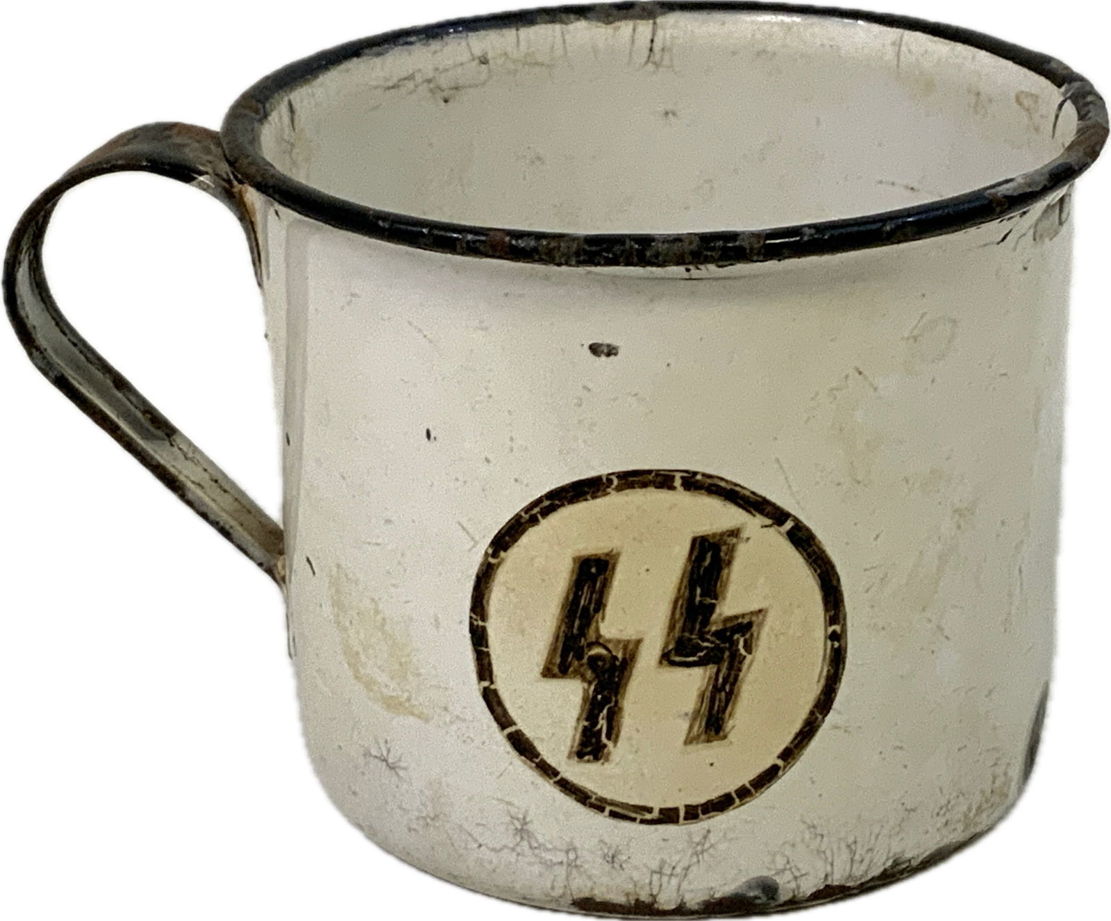 WWII GERMAN SOLDIERS SS DECORATED METAL CUP: WWII GERMAN SOLDIER TRENCH ART SS DECORATED METAL CUP.3" TALL , 3 1/2" DIAM. WELL USED.