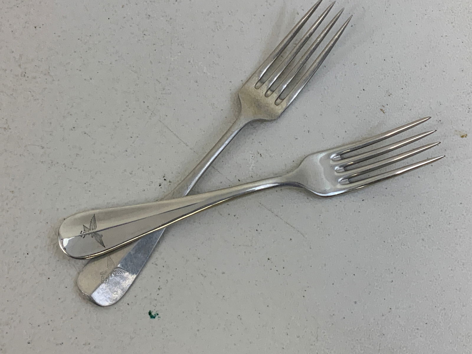 WWII GERMAN LUFTWAFFE MARKED ALUMINUM FORKS: WWII GERMAN LUFTWAFFE MARKED ALUMINUM FORKS. GREAT CONDITION. 8" LONG.
