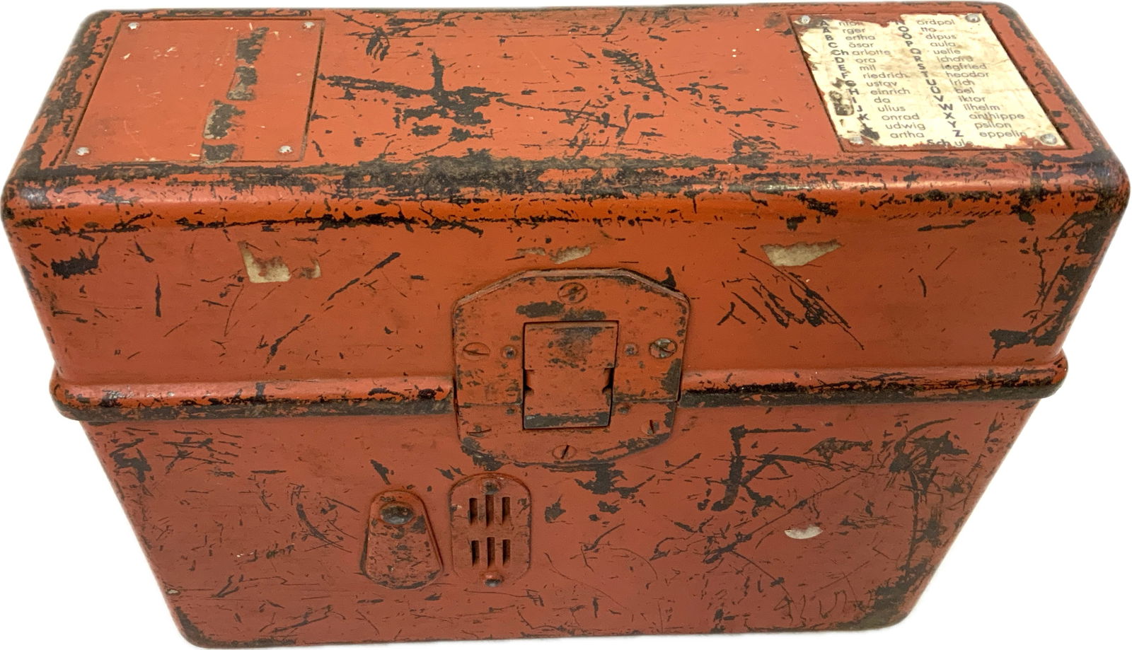 WWII GERMAN MILITARY PAINTED BAKELITE FIELD PHONE: WWII GERMAN MILITARY PAINTED BAKELITE FIELD PHONE . VERY INTERESTING PAINTED RED-ORANGE. APEARS TO BE IN VERY GOOD CONDITION OVERALL.