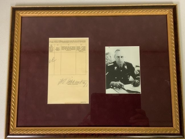 JOACHIM VON RIBBENTROP NAZI FOREIGN MINISTER SIGNED DOCUMENT PROFESSIONALLY FRAMED: JOACHIM VON RIBBENTROP NAZI FOREIGN MINISTER SIGNED DOCUMENT PROFESSIONALLY FRAMED . NICE DOUBLE SIDED FRAME WITH GLASS ON BOTH SIDES HOUSING DOCUMENT HAND SIGNED BY JOACHIM VON RIBBENTROP . THE BACK
